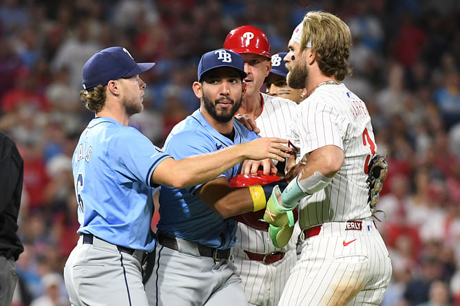 WATCH: Bryce Harper mouths off Rays pitcher as benches clear after Nick Castellanos' hit by pitch