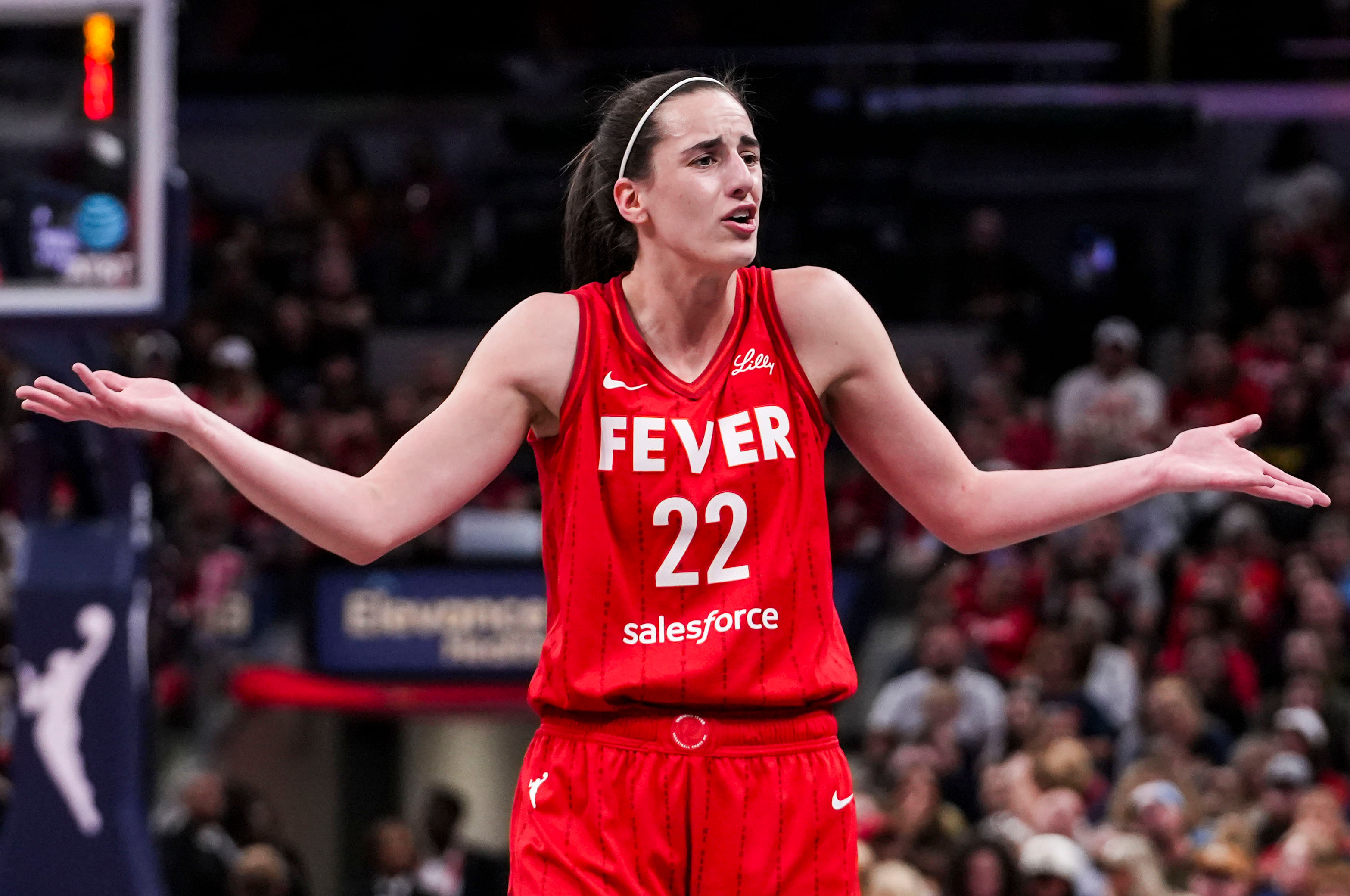 Indiana Fever guard Caitlin Clark reacts to a call during a game at Gainbridge Fieldhouse in Indianapolis. Photo Credit: Imagn