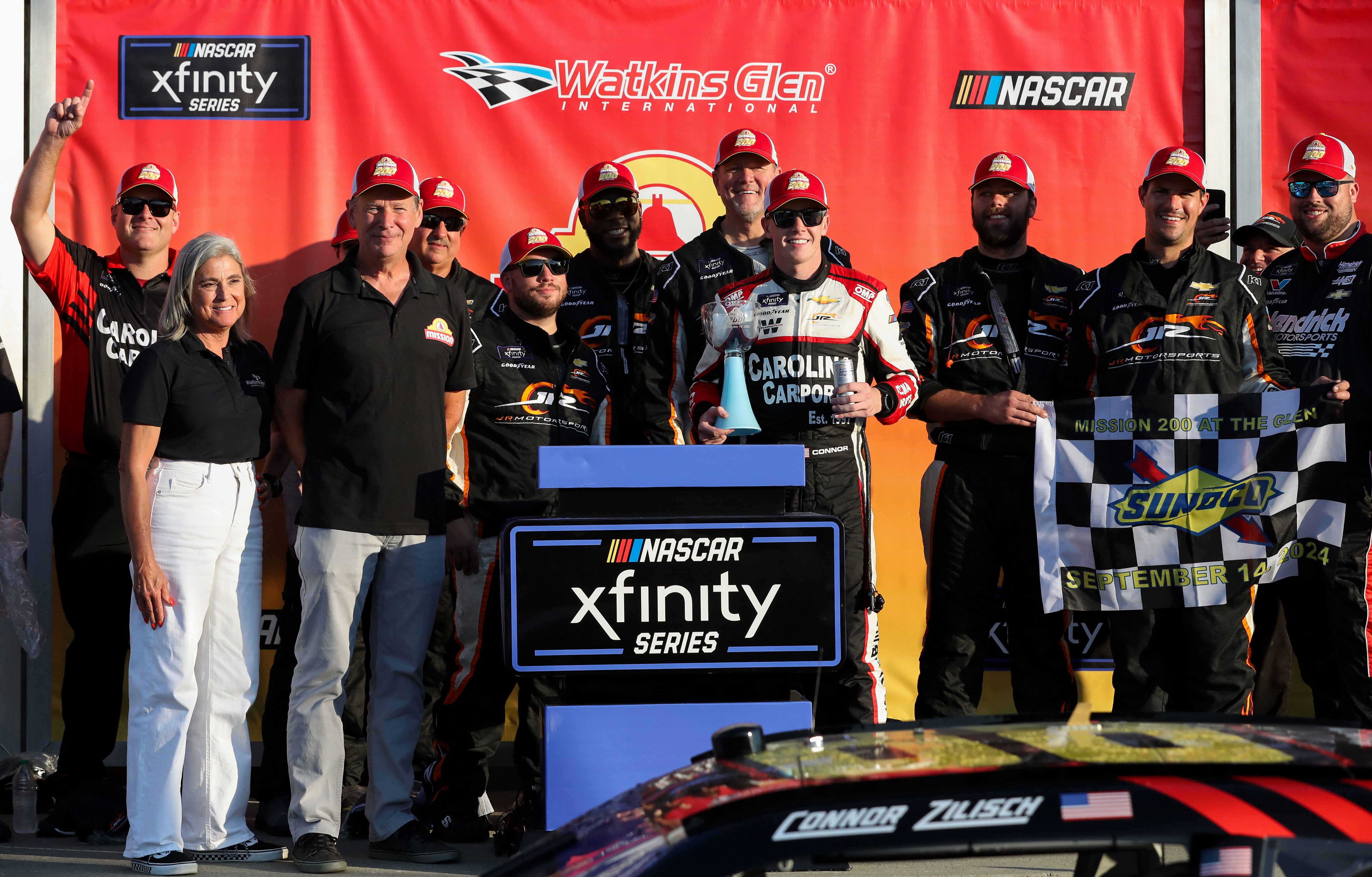 Connor Zilisch celebrates in victory lane after winning the Mission 200 at The Glen at Watkins Glen International (Source: Imagn)