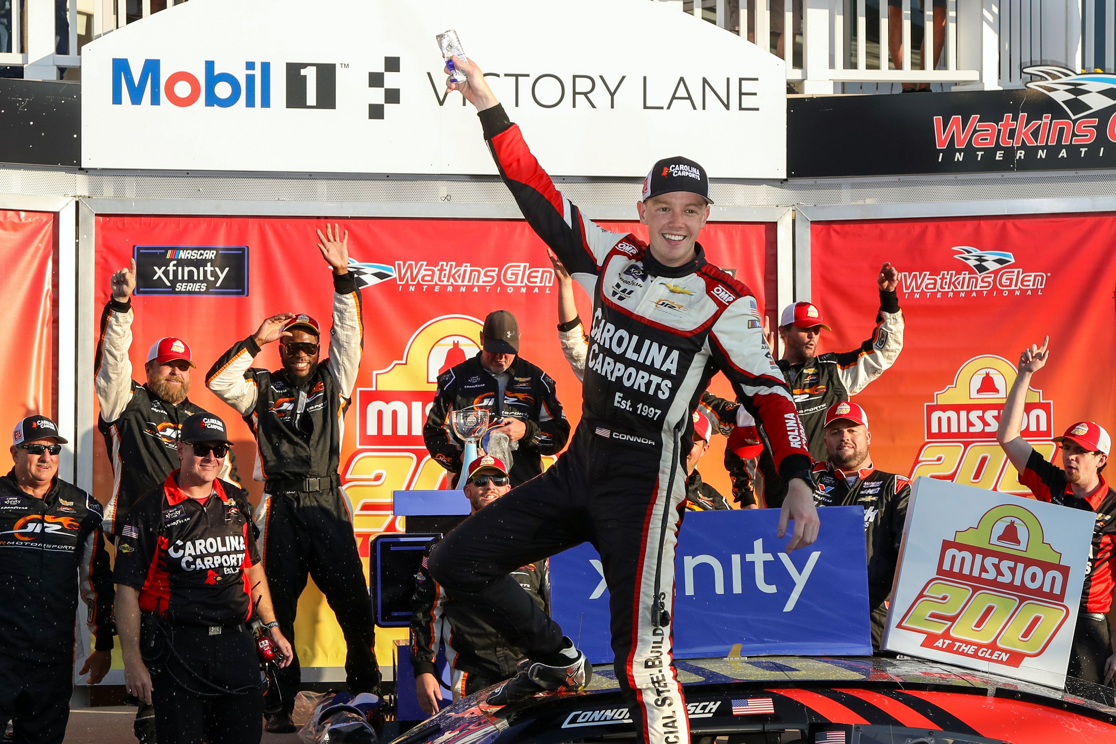 NASCAR Xfinity Series driver Connor Zilisch celebrates in victory lane after winning the Mission 200 at The Glen at Watkins Glen International. Mandatory Credit: Matthew O&#039;Haren-Imagn Images