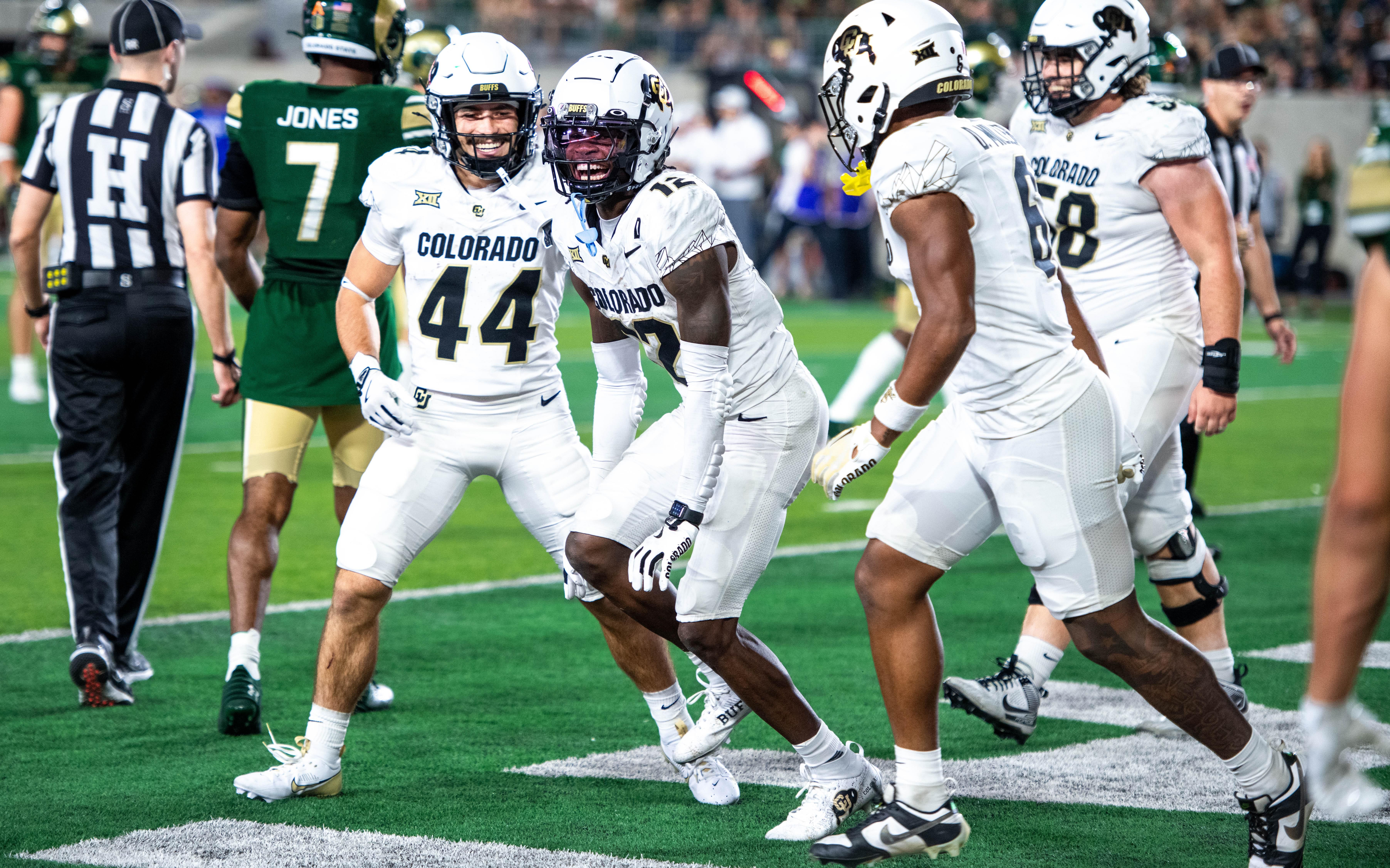 CU football athlete Travis Hunter (middle) hits the Griddy after scoring a touchdown against CSU - Source: Imagn