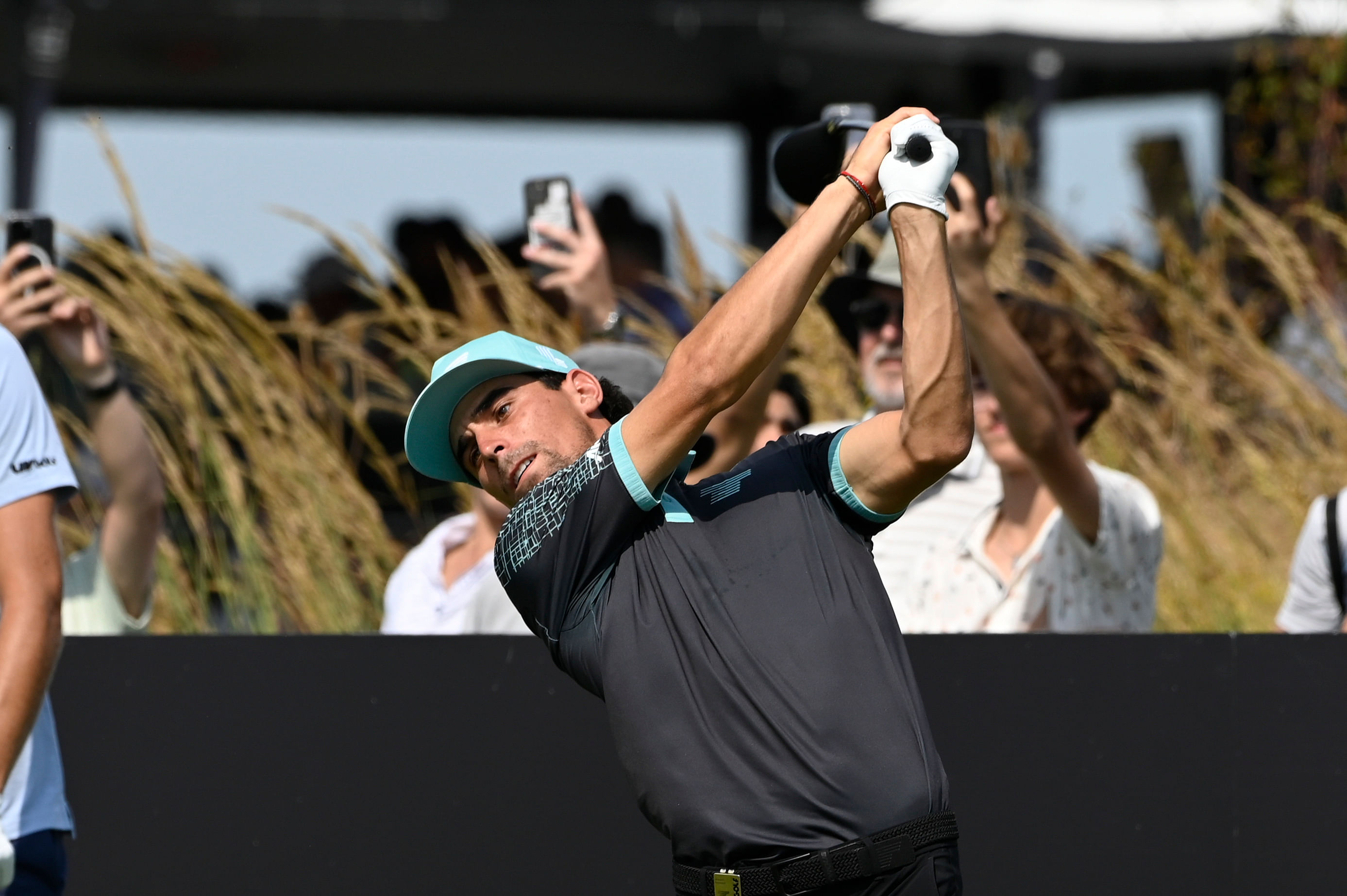 Joaquin Niemann tees off on hole 2 during the final round of the LIV Golf Chicago (Image via Imagn)