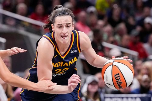 Indiana Fever guard Caitlin Clark rushes up the court during the game at Gainbridge Fieldhouse in Indianapolis. (Photo Credit: Imagn)