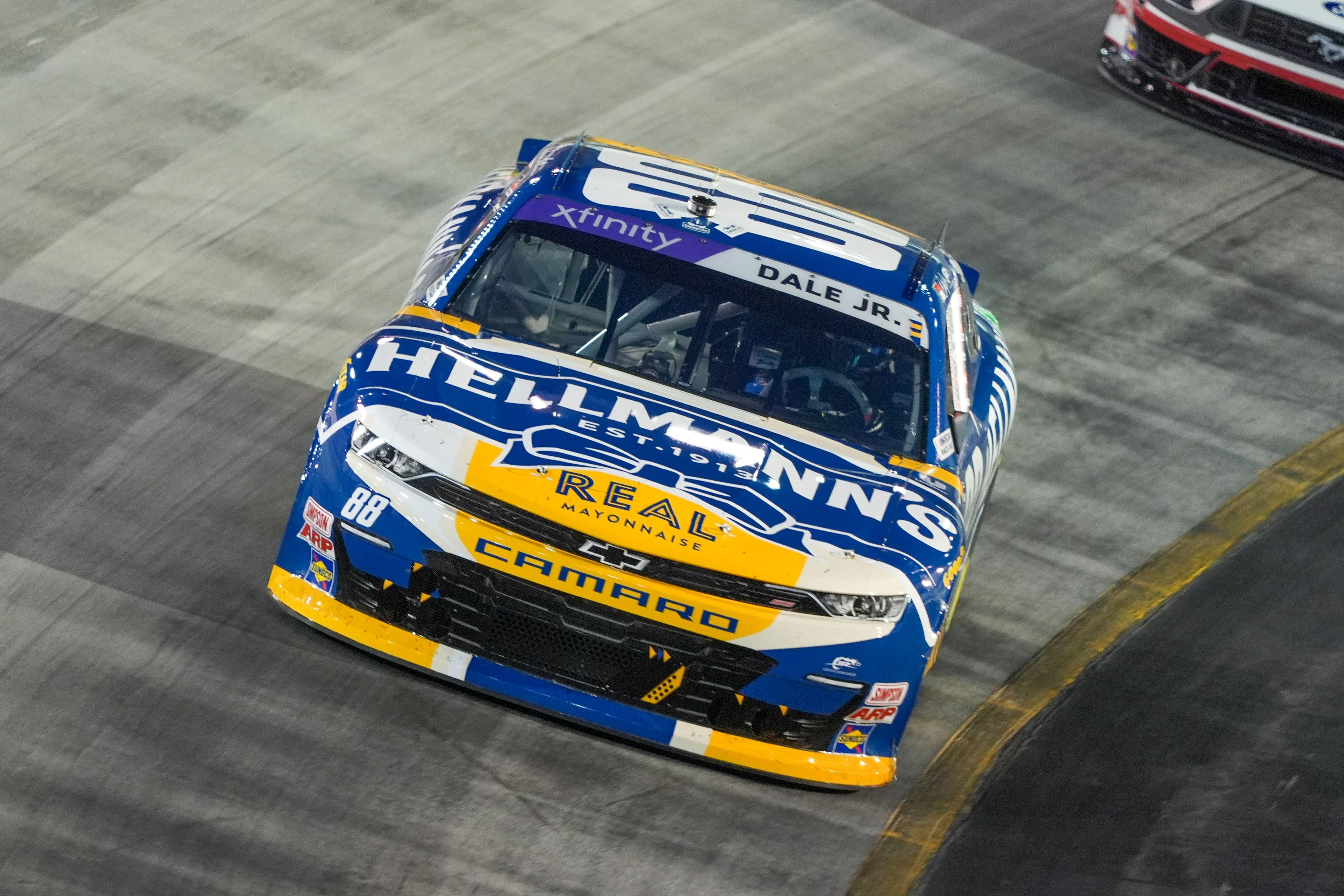 Sep 20, 2024; Bristol, Tennessee, USA; NASCAR Xfinity Series driver Dale Earnhardt Jr. (88) races during the Food City 300 at Bristol Motor Speedway. Mandatory Credit: Randy Sartin-Imagn Images