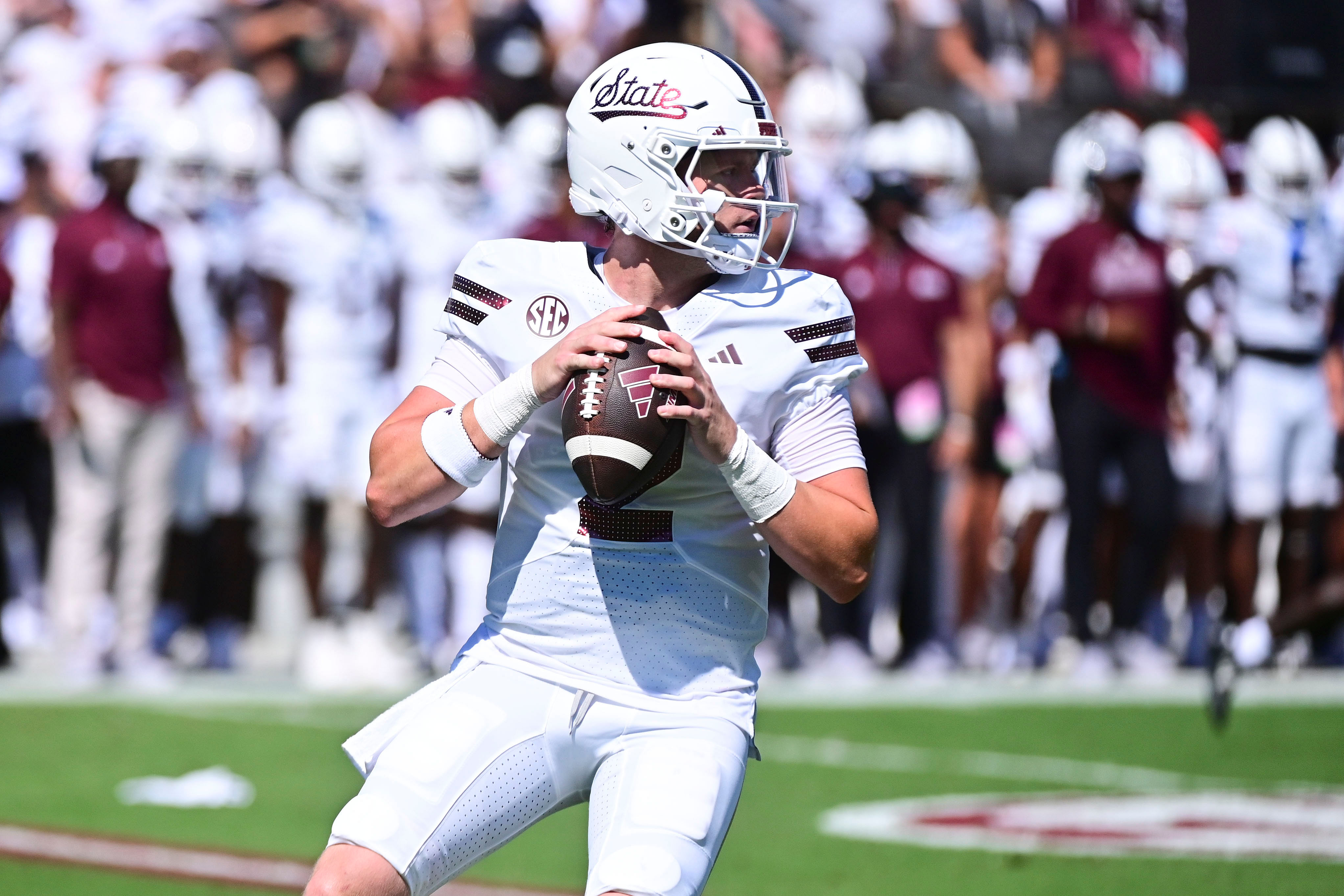 Mississippi State QB Blake Shapen suffered a season-ending injury that further dooms the struggling Bulldogs. (Photo Credit: IMAGN)