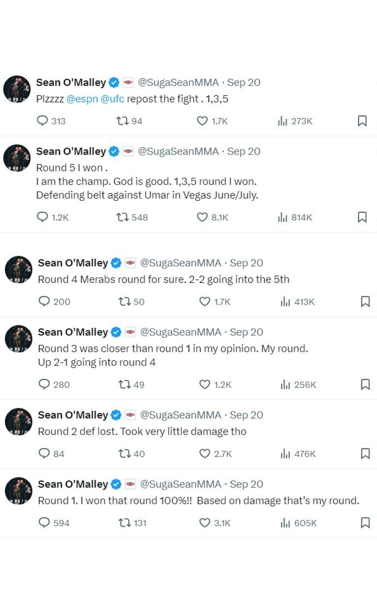 Sean O'Malley's tweets [Image courtesy: @SugaSeanMMA on X]