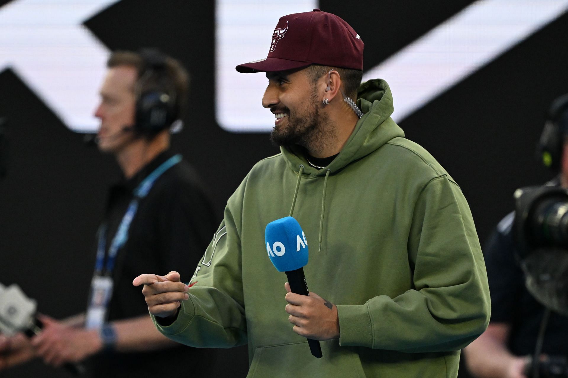 Nick Kyrgios on the court to interview at the Australian Open Grand Slam tennis tournament at Melbourne Park in Melbourne, Australia. (Photo via Getty Images)