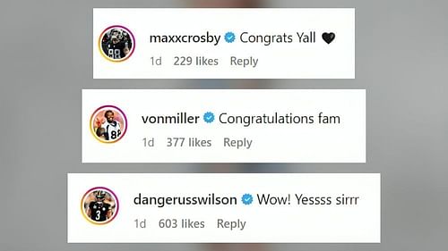 Russell Wilson, Maxx Crosby and Von Miller send well-wishes to T.J. Watt and Dani (Image Source: Dani/Instagram)