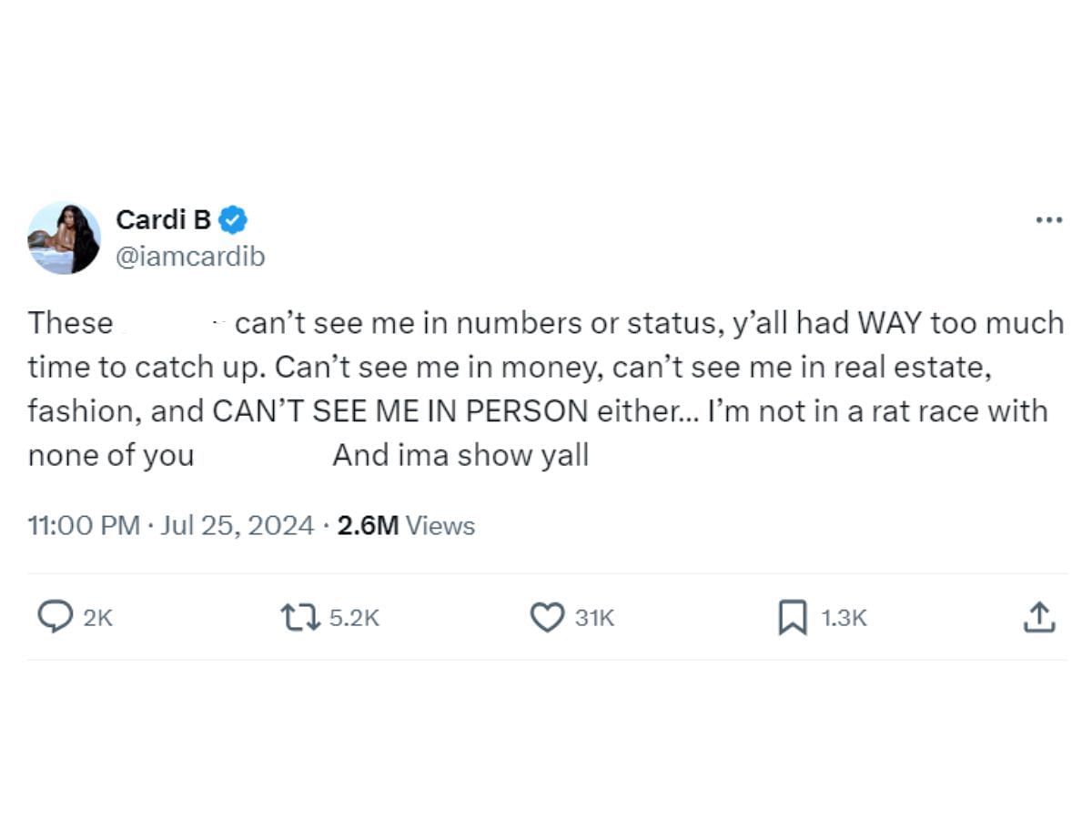 Cardi B&#039;s tweet (Image via X/ @iamcardib)