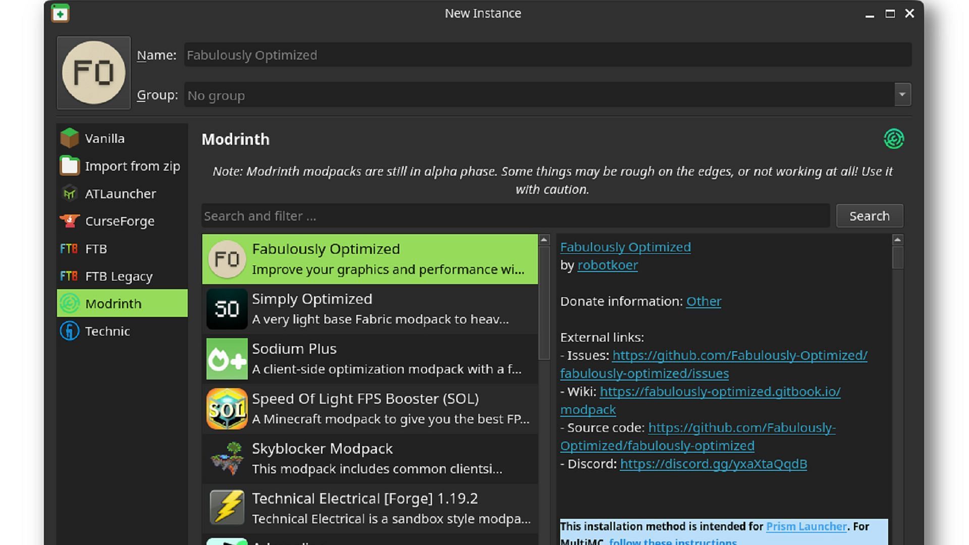 Prism handles mods and multiple Minecraft instances without a ton of fanfare involved (Image via Prism Launcher)