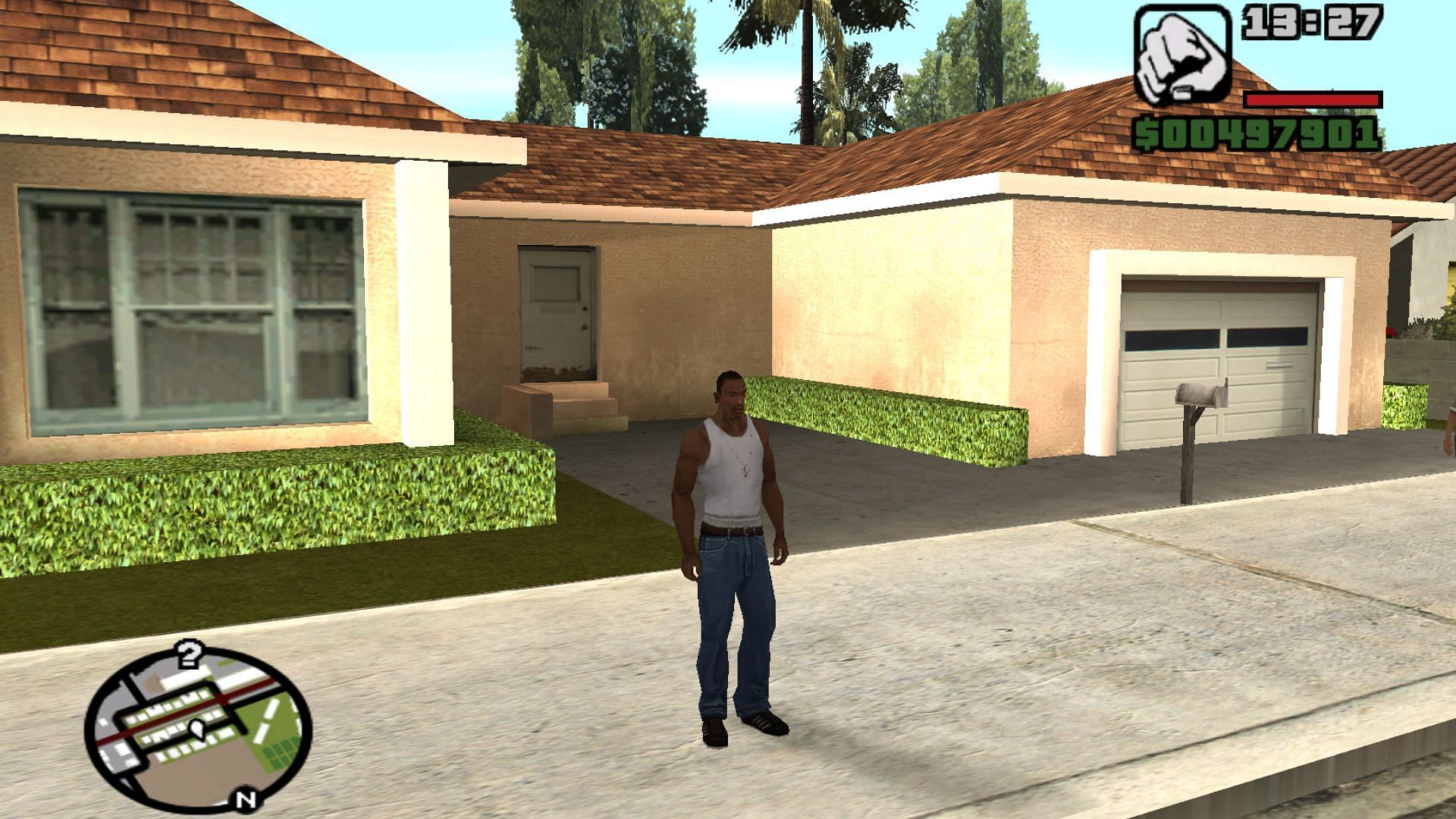 Carl “CJ” Johnson in front of Millie Perkins’ house in Grand Theft Auto San Andreas. (Image via Rockstar Games)