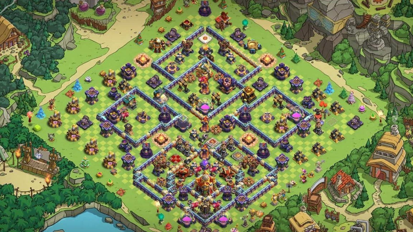 Anti-3-star &amp; Anti-Root Rider/Valk Attack TH16 base (Image via Supercell)