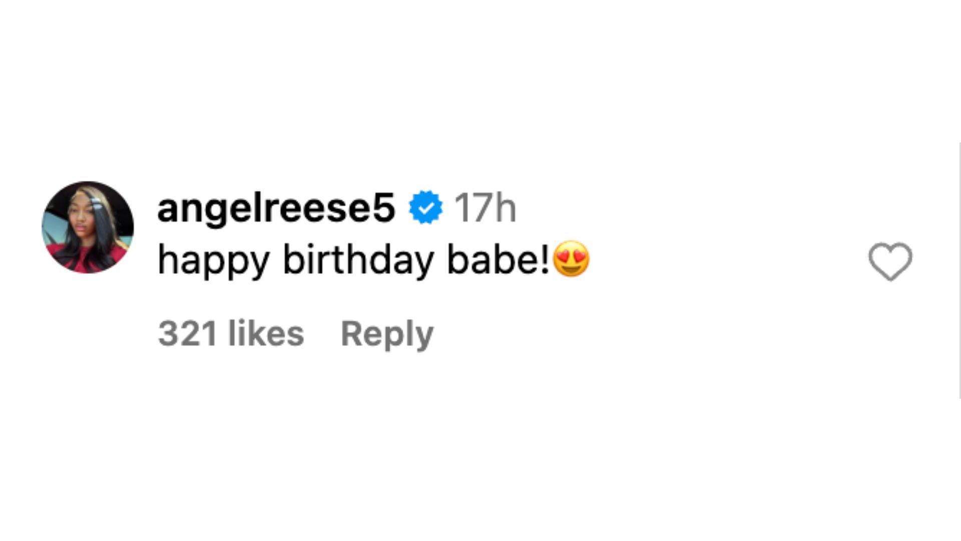 Angel Reese comments on Woods' birthday post. Photo Credit: J. Woods' IG account