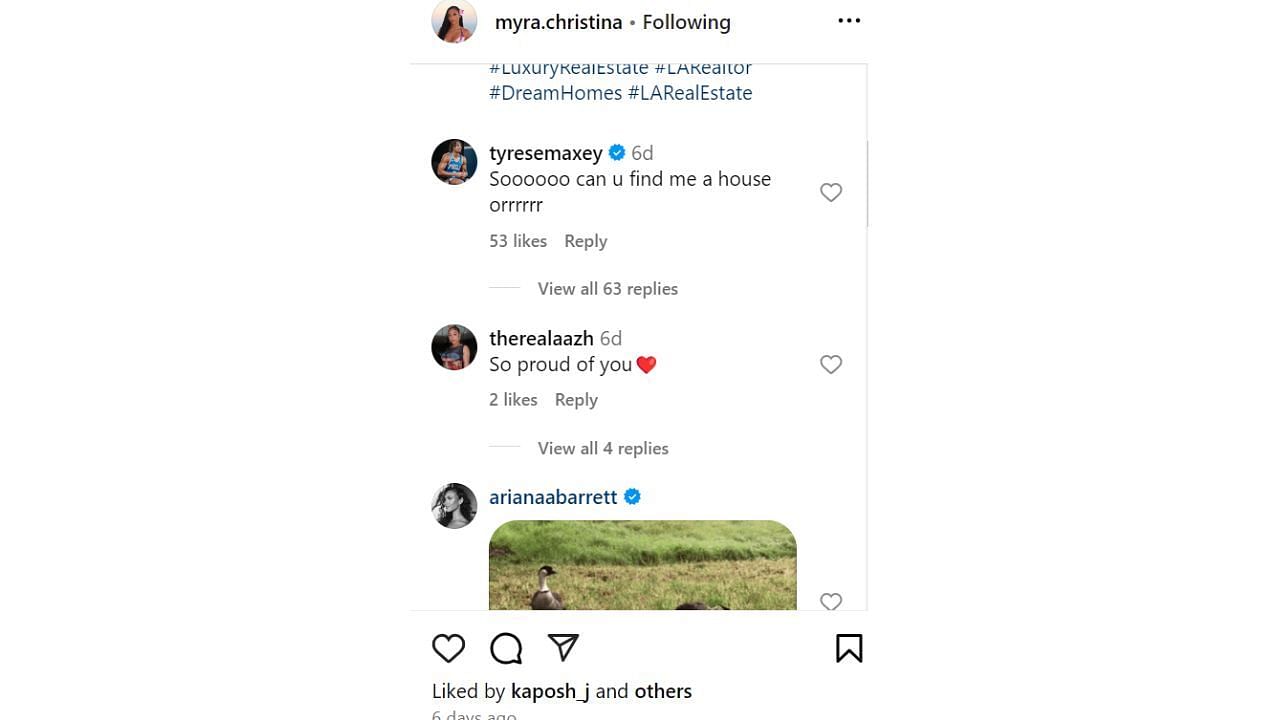 Maxey teases Myra Gordon with his response to Gordon sharing her credentials on IG. [photo: @myra.christina/IG]