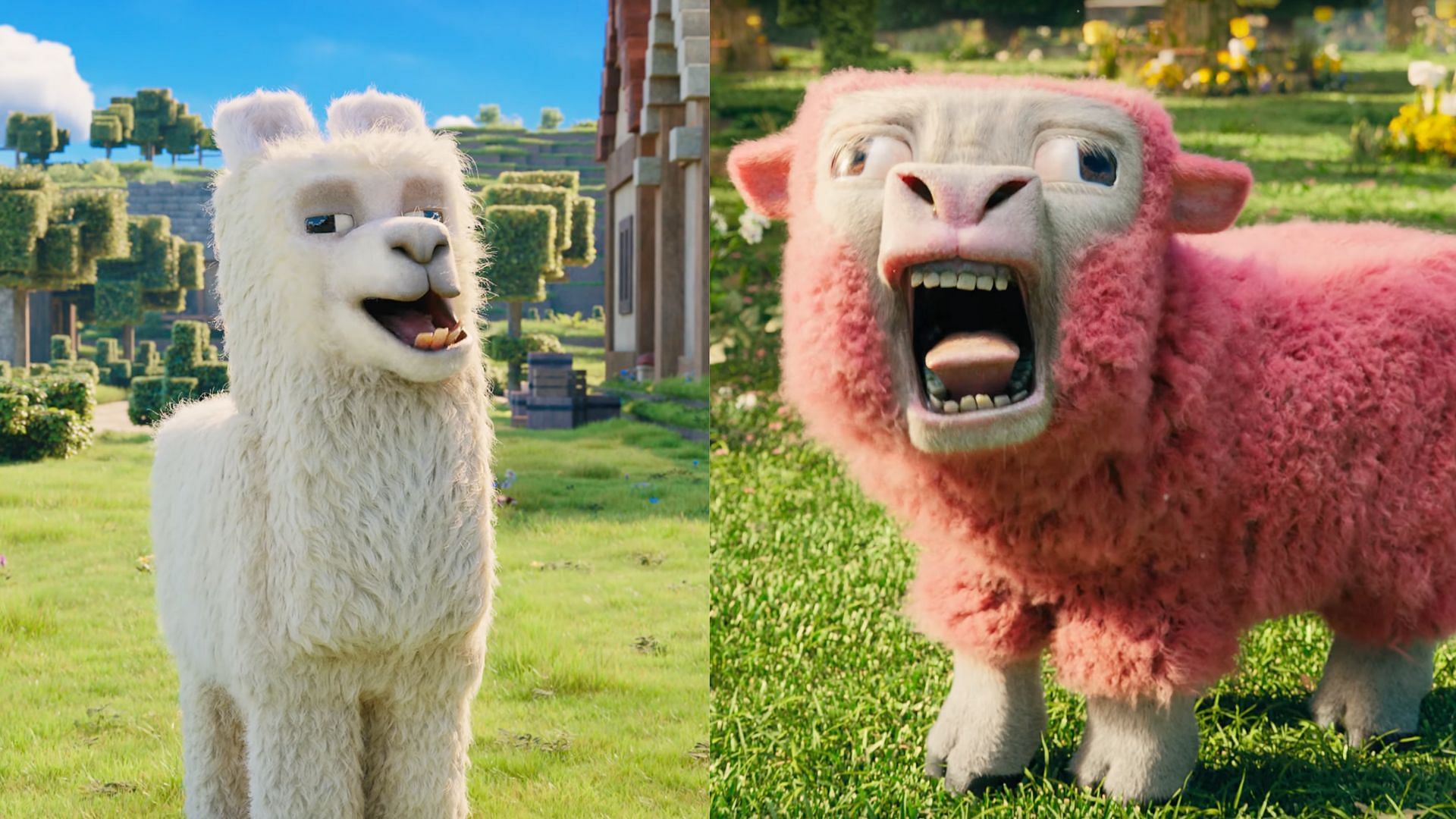 The sheep and the llama in the Minecraft movie trailer (Image via Mojang Studios)