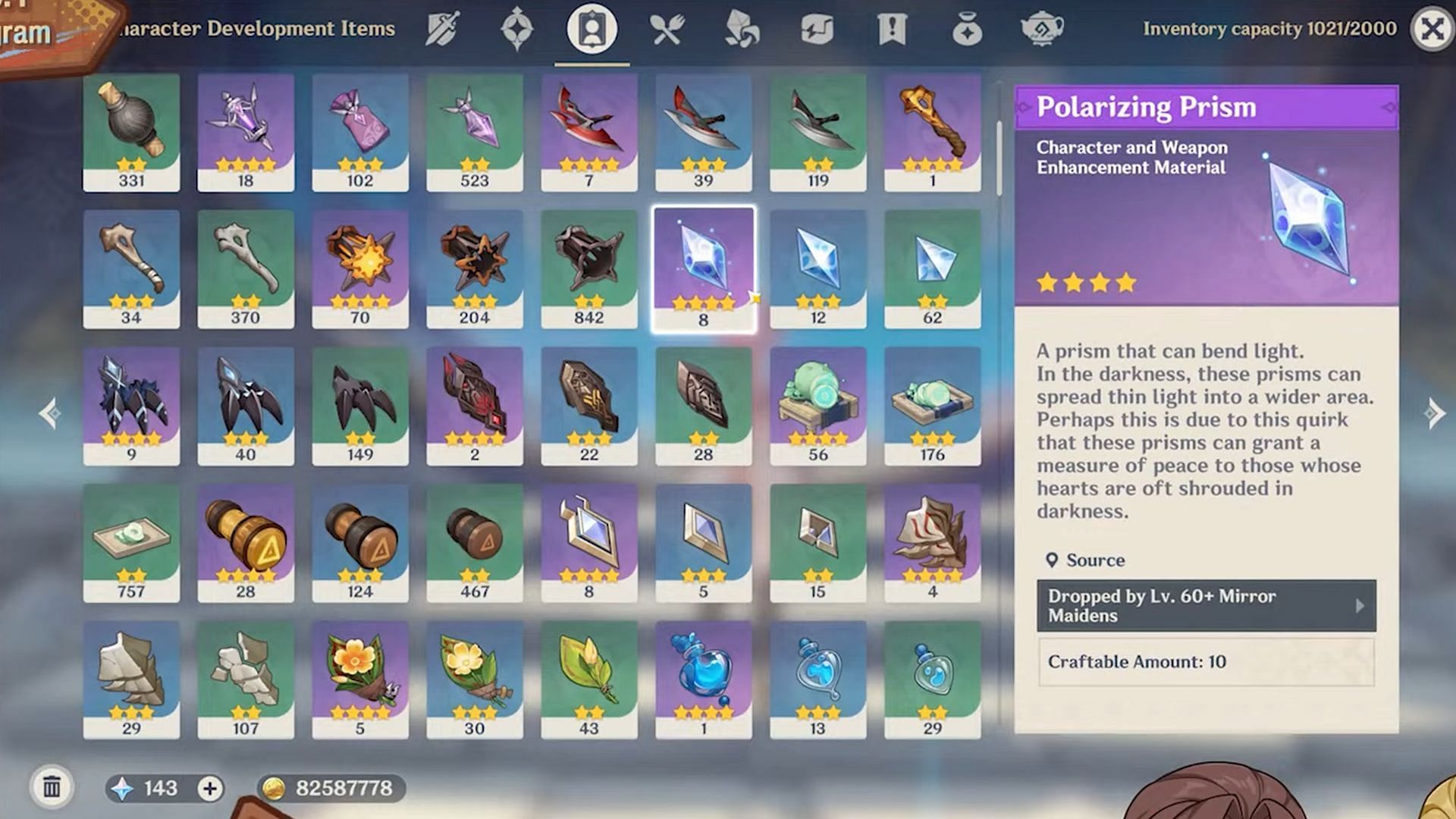 The number of craftable items will now be displayed in the inventory (Image via HoYoverse)