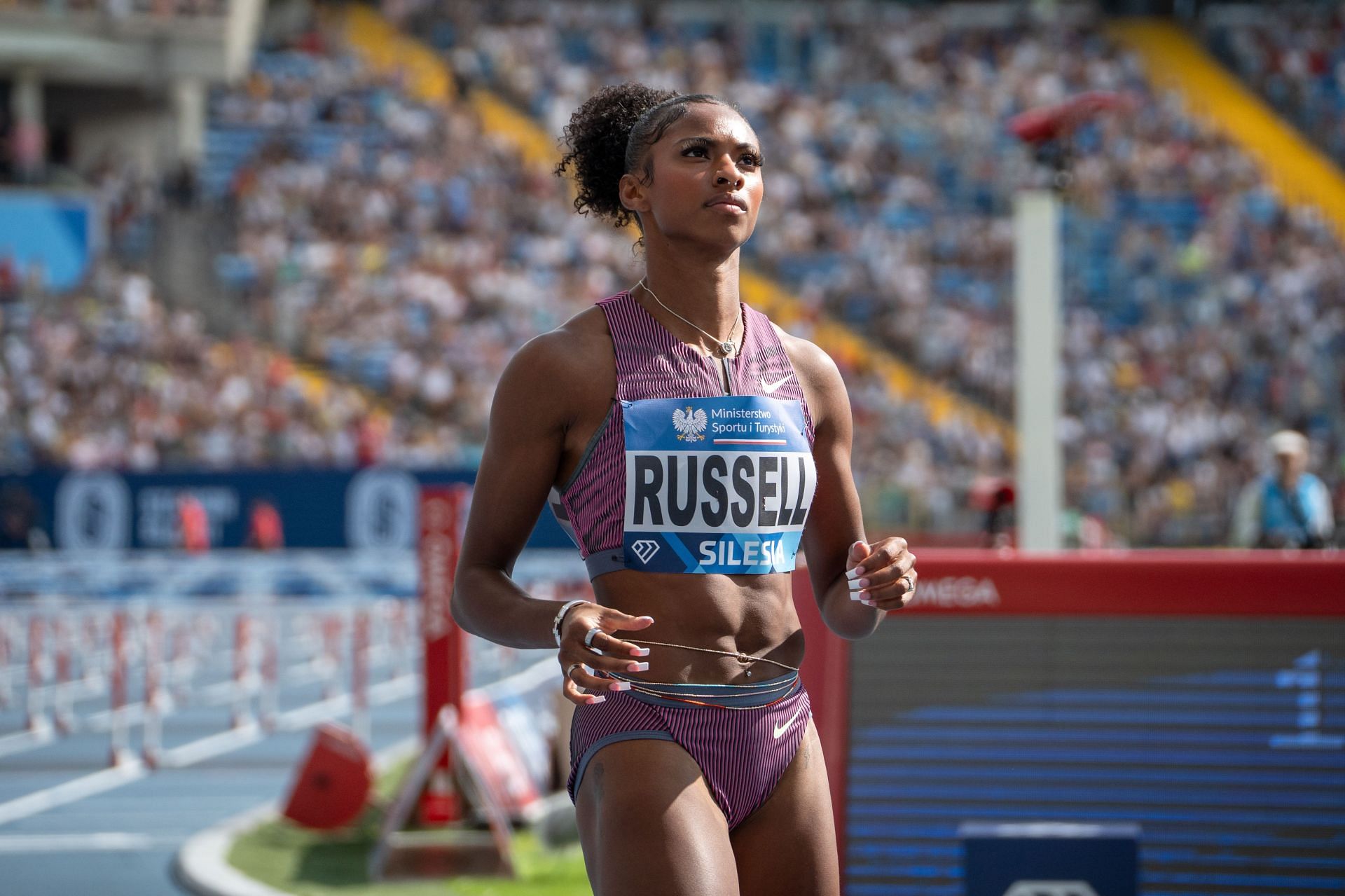 Masai Russell of the USA at the Silesia Diamond League 2024 meet [Image Source: Getty]