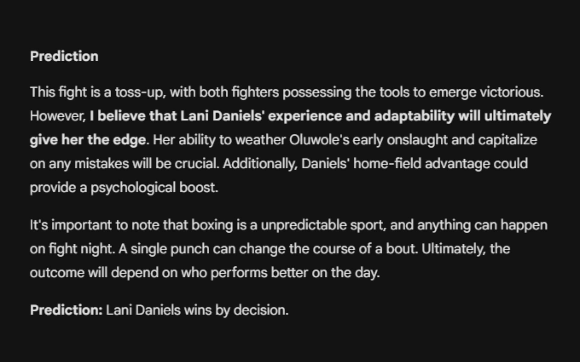 Google AI's prediction for Lani Daniels vs. Bolatito Oluwole