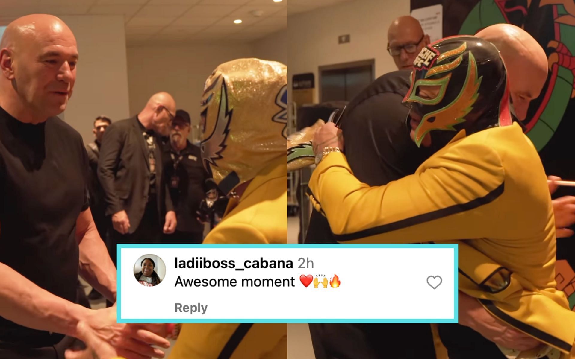 Dana White (left) meets Rey Mysterio (right) backstage at Noche UFC 306. [Images courtesy: @tkogrp on Instagram]