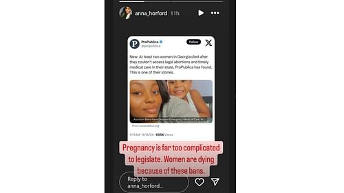 Anna Horford's IG post following the reported death of a mother in Georgia who couldn't get a legal abortion. [photo: @anna_horford/IG]