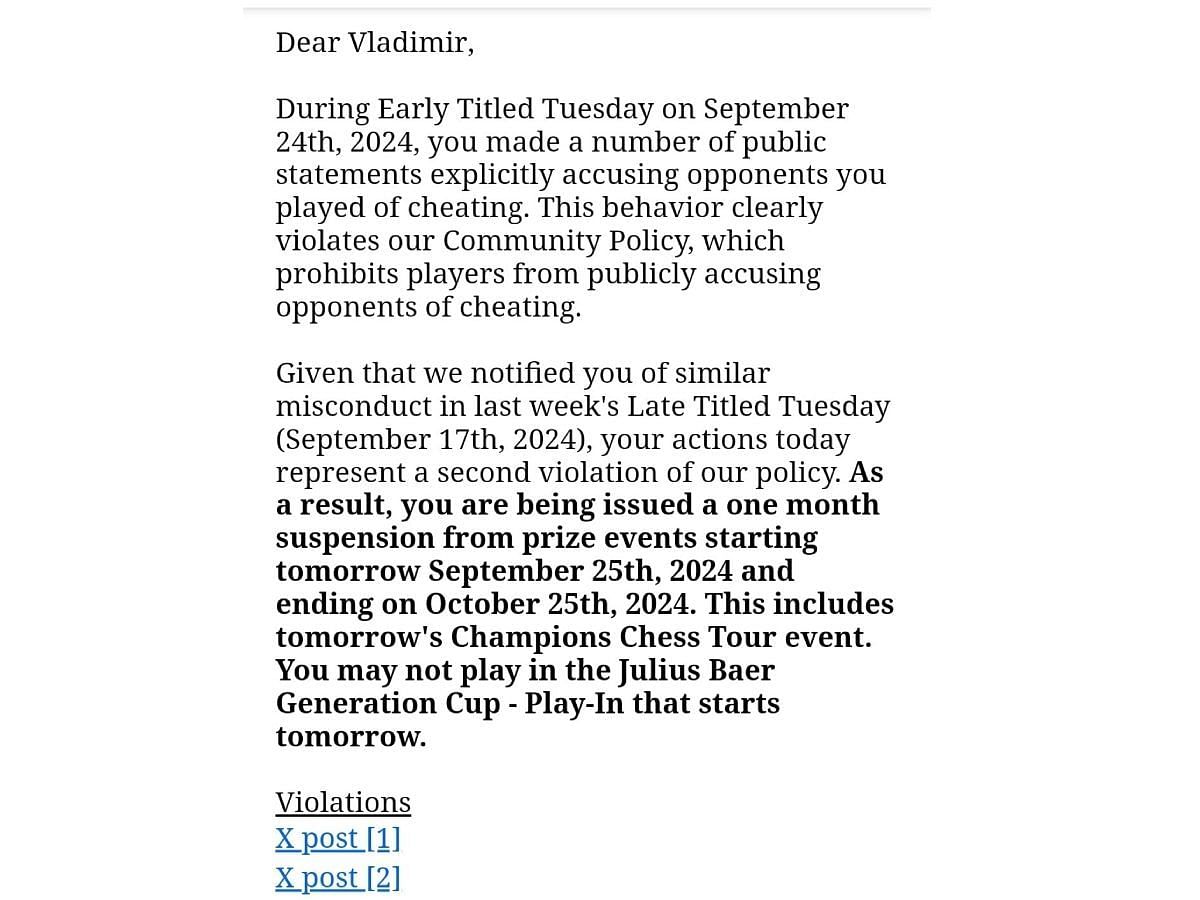 Vladimir Kramnik issued a ban from prized events (Image via X/Vladimir Kramnik)