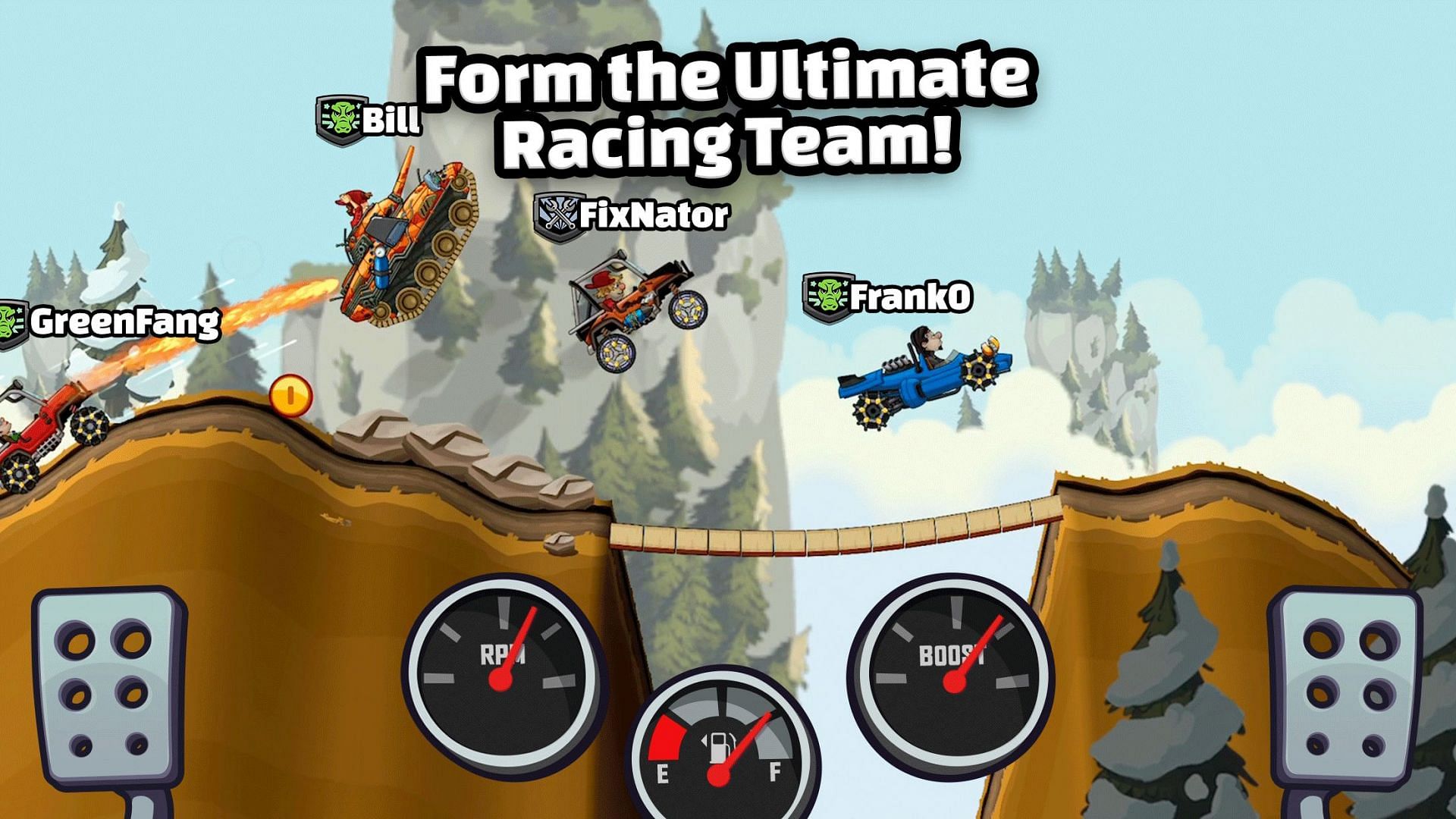 Hill Climb Racing 2 has over thirty vehicles to unlock and upgrade, ranging from bikes to tanks (Image via Fingersoft)