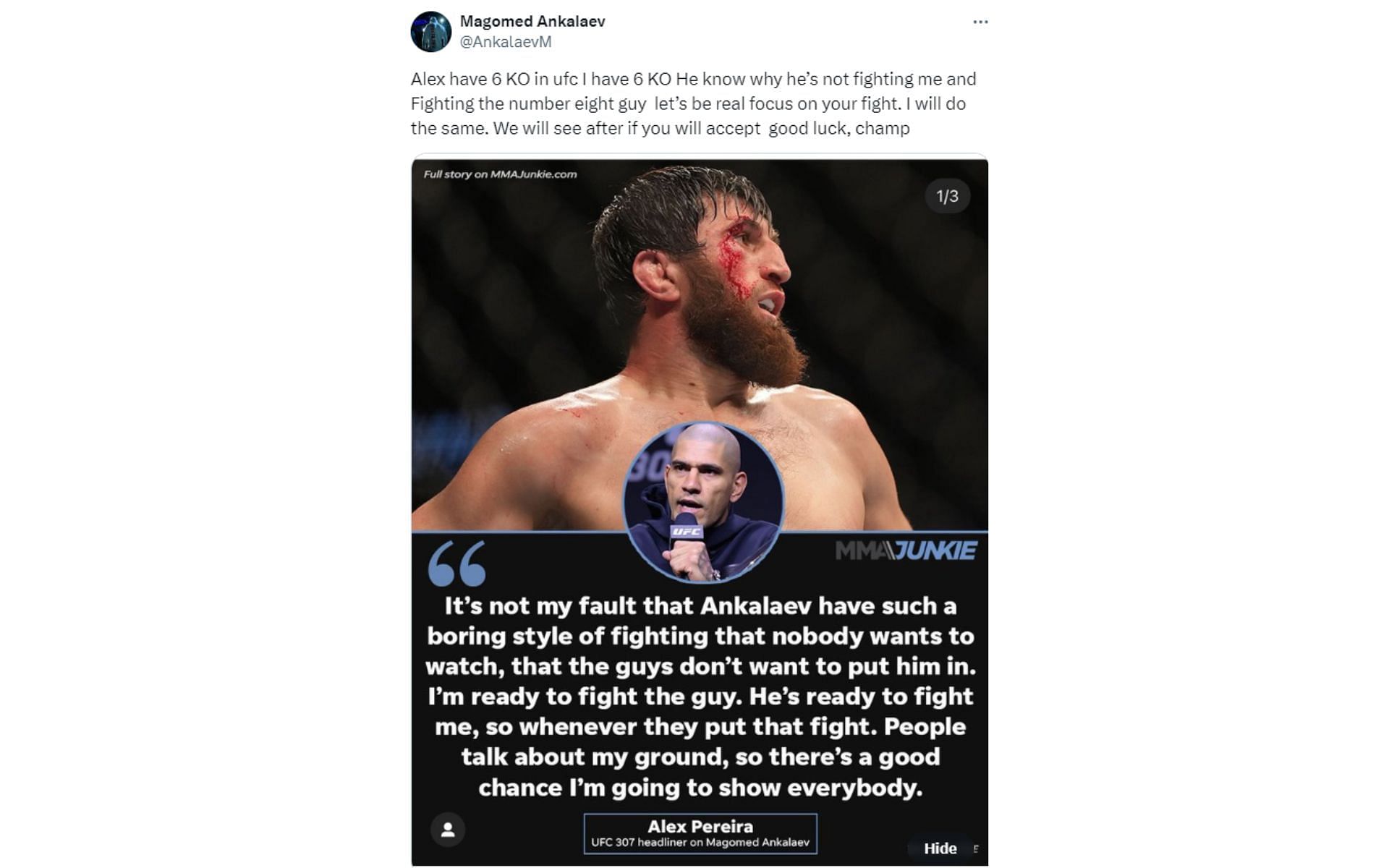 Screenshot of Magomed Ankalaev&#039;s post on X