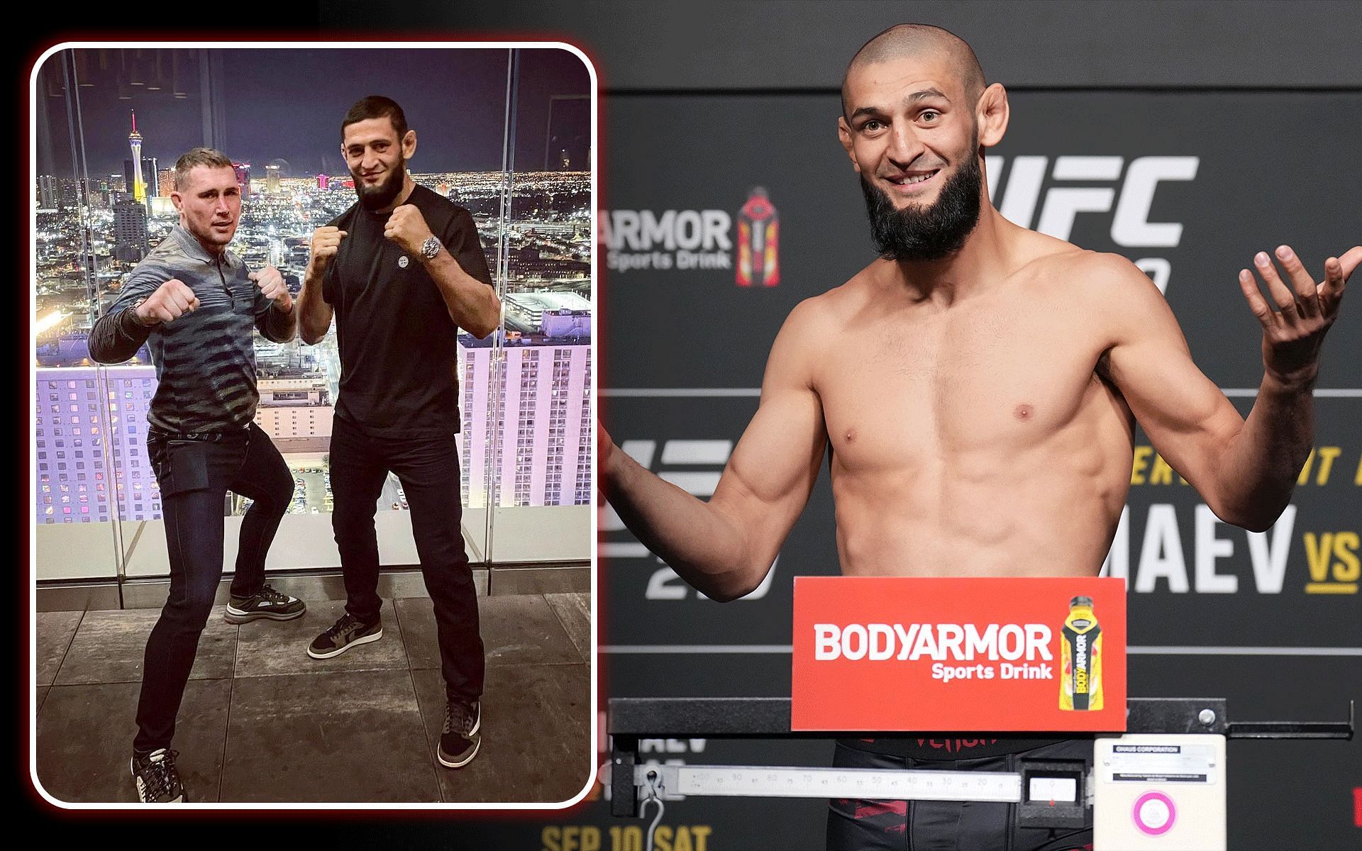 Khamzat Chimaev (right) mocks Darren Till (left). [Images courtesy: Getty and @khamzat_chimaev on Instagram]