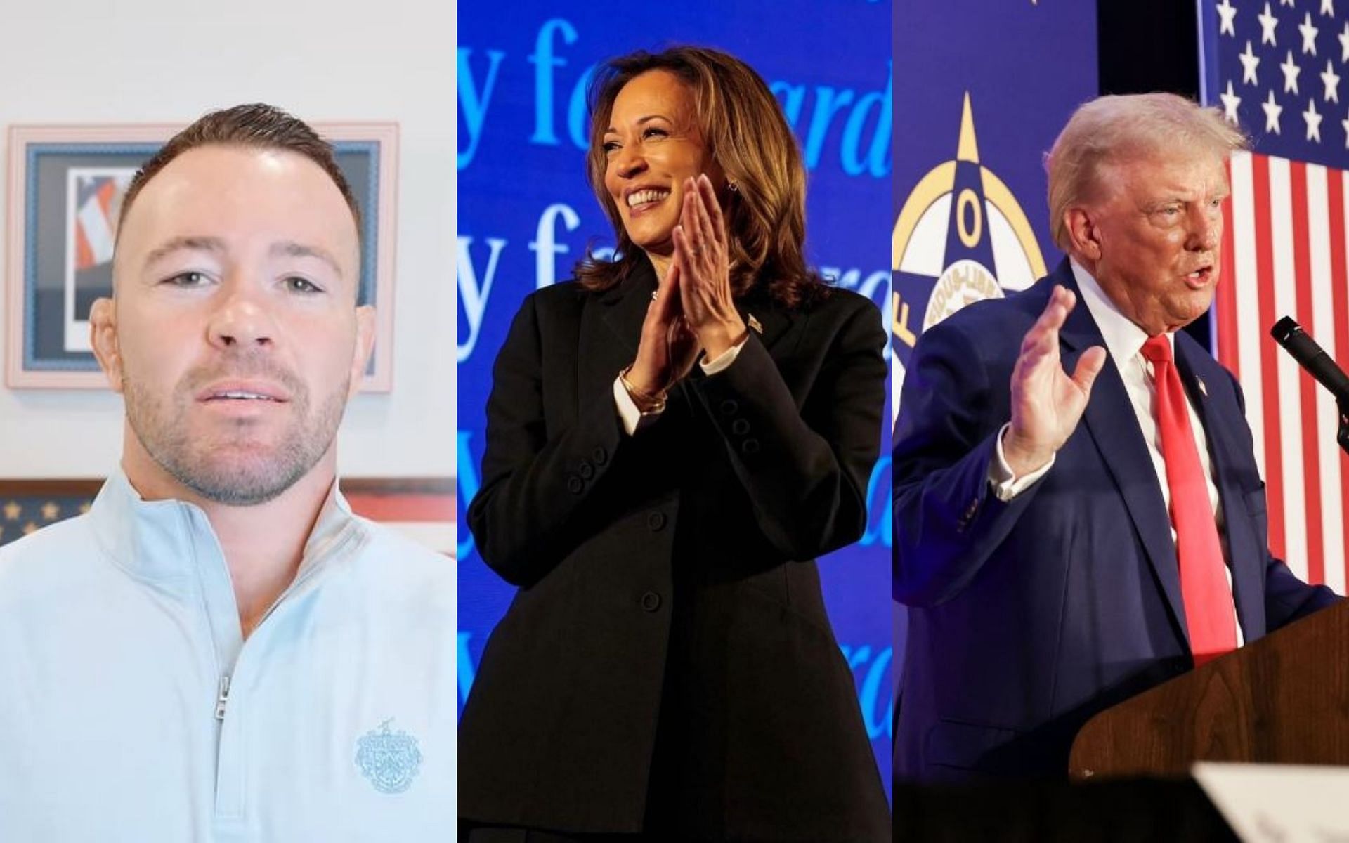 Colby Covington (left) expressed his thoughts on the presidential debate between Kamala Harris (middle) and Donald Trump (right). [Image credit: @colbcovington, @kamalaharris, and @realdonaldtrump on Instagram]