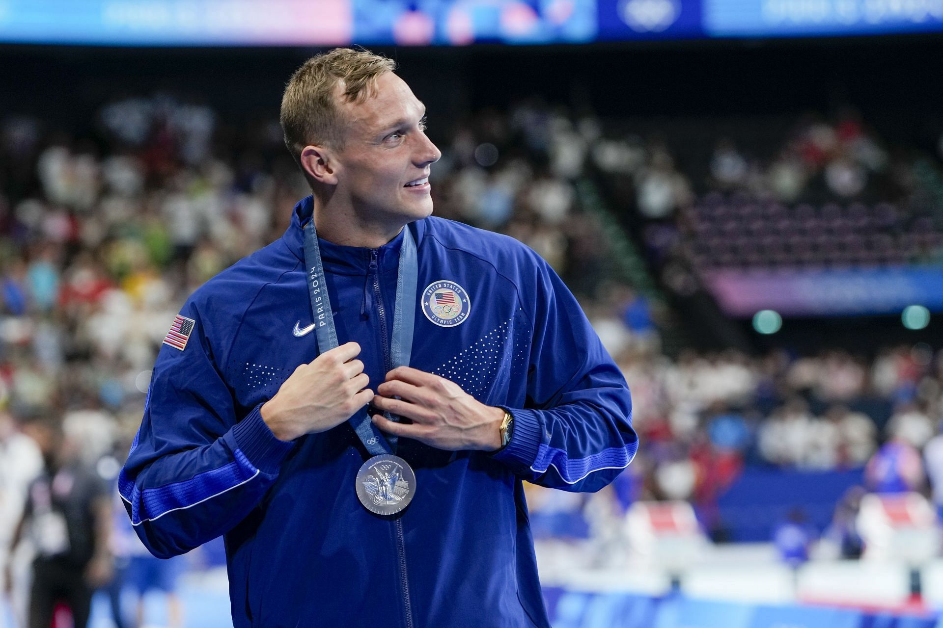 Caeleb Dressel with his silver medal from the men&#039;s 4x100m medley relay at the Paris Olympics 2024 [Image Source: Getty]