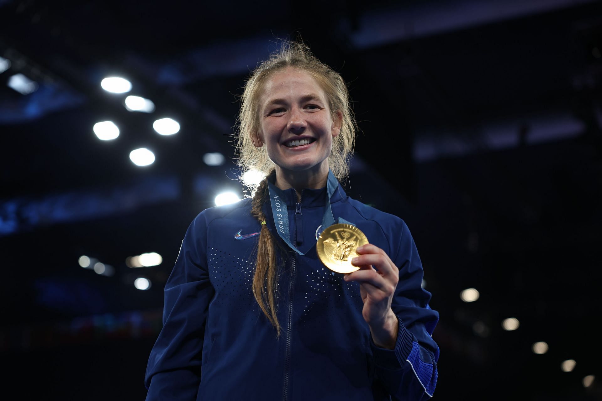 Sarah Hildebrandt victorious on the podium during the Paris Olympics in France. (Photo via Getty Images)