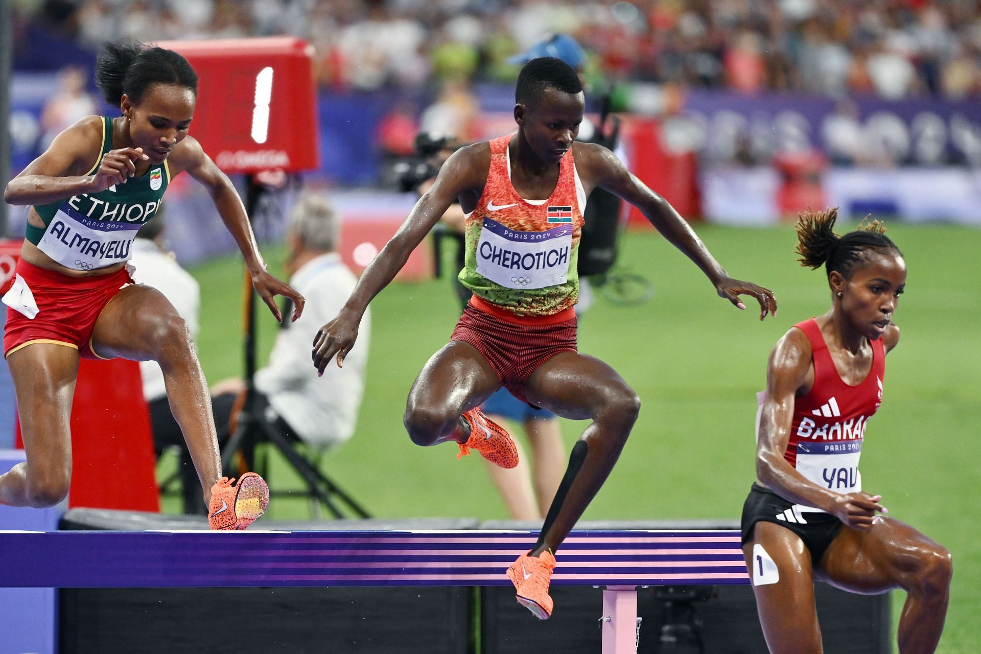 Faith Cherotich of Kenya [Center] in action at the Women&#039;s 3000m Steeplechase final [Image Source: Getty]