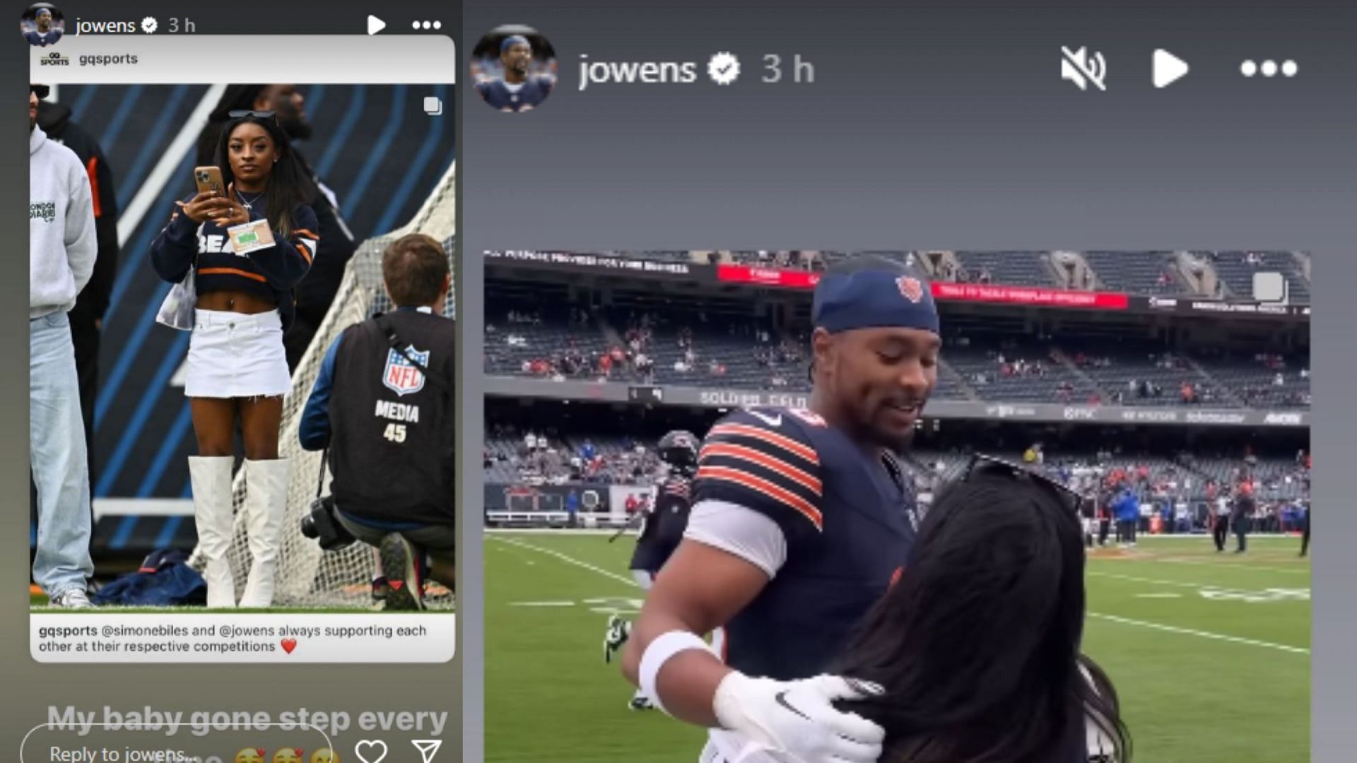 Screengrab of Simone Biles&#039; visit to Jonathan Owens&#039; NFL game [Image Source: Jonathan Owens&#039; Instagram]