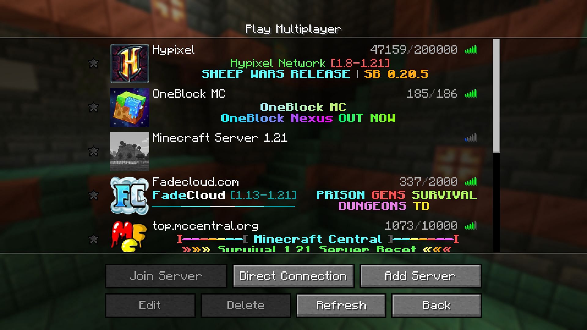 A list of servers (Image via Mojang)