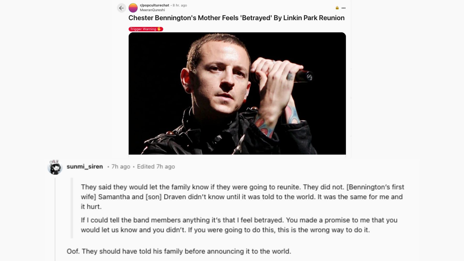 A fan comments on Chester Bennington&#039;s mom feeling betrayed by Linkin Park (Image via @sunmi_siren/Reddit)