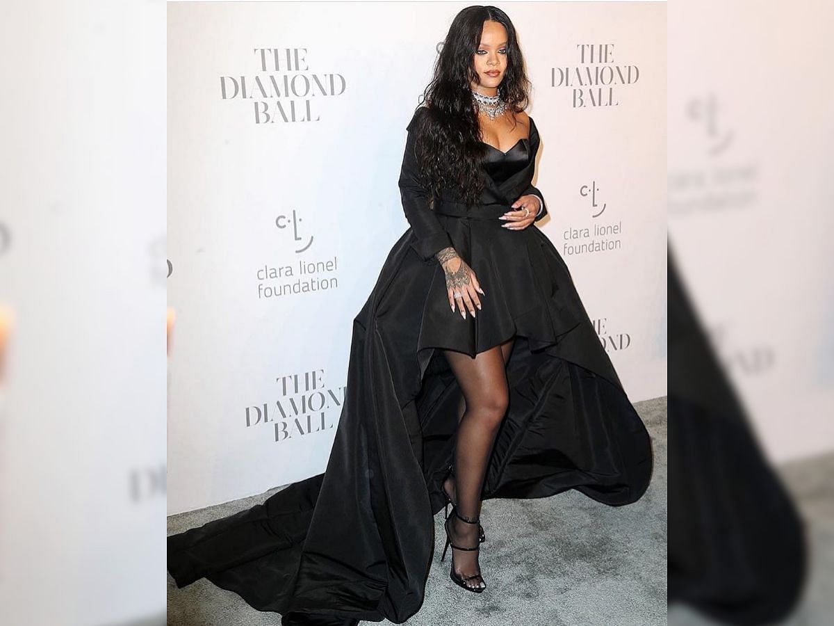 Black cascading gown at Diamond Ball 2017 (Image via Instagram/@badgalriri)