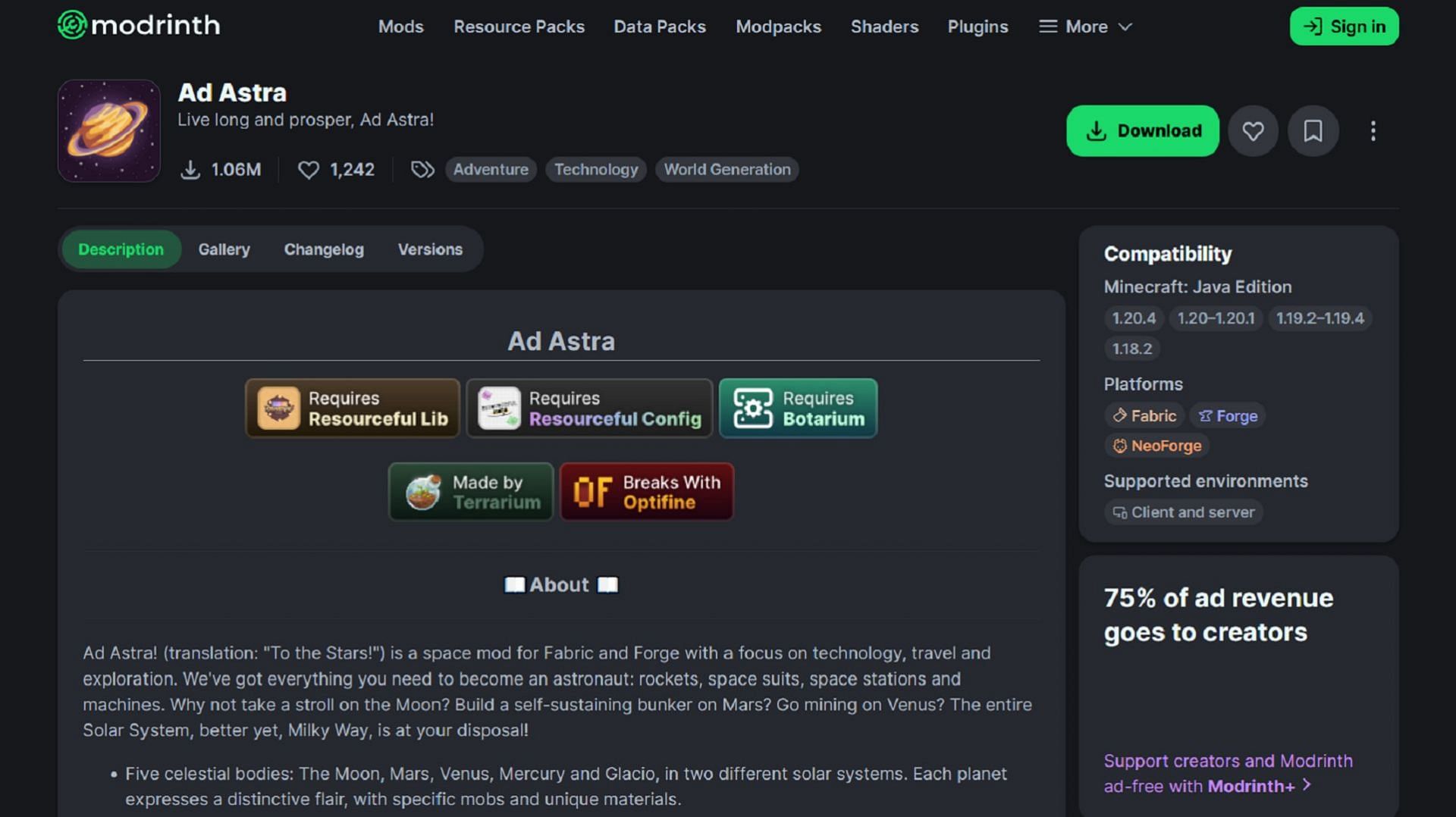Ad Astra is available for the three major Minecraft mod loaders (Image via Terrarium/Modrinth)