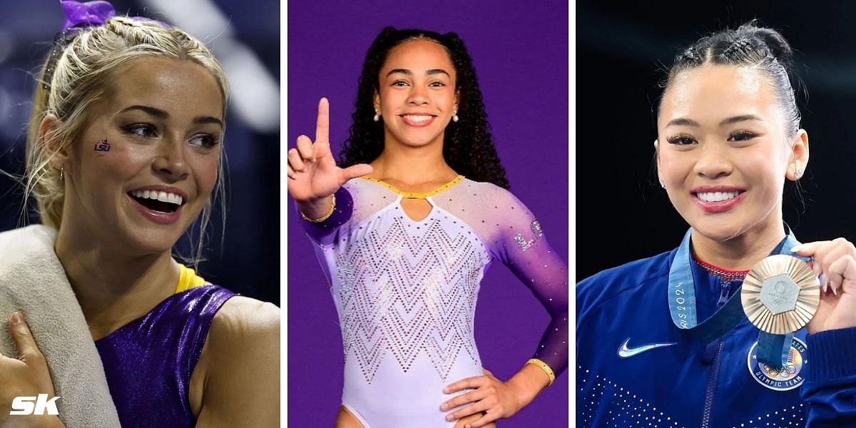 Olivia Dunne and Suni Lee react to Hezly Rivera committing to the LSU. PHOTO: Left and Right from Getty, Center from Instagram @hezrivera