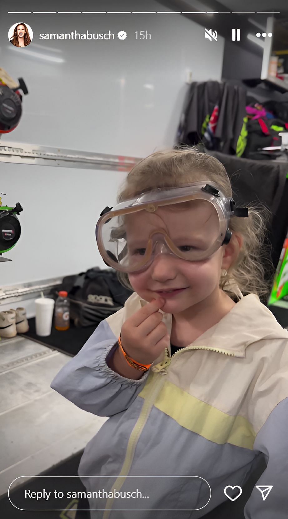 Kyle and Samantha Busch&#039;s daughter flaunting safety goggles inside the trailer (photo credit: @samanthabusch on Instagram)