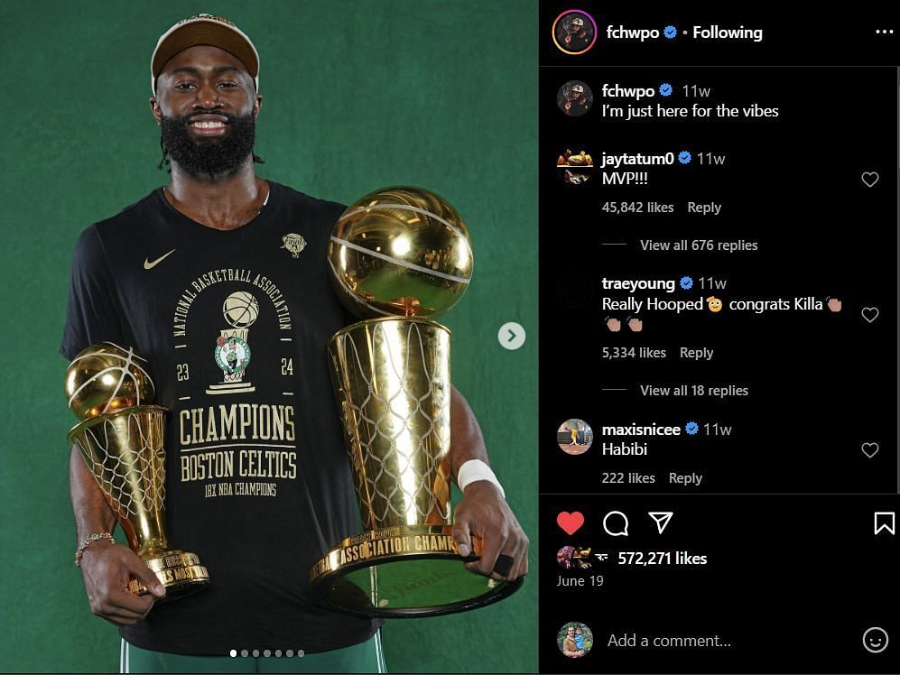 Trae Young congratulated Jaylen Brown on Instagram for winning first NBA championship