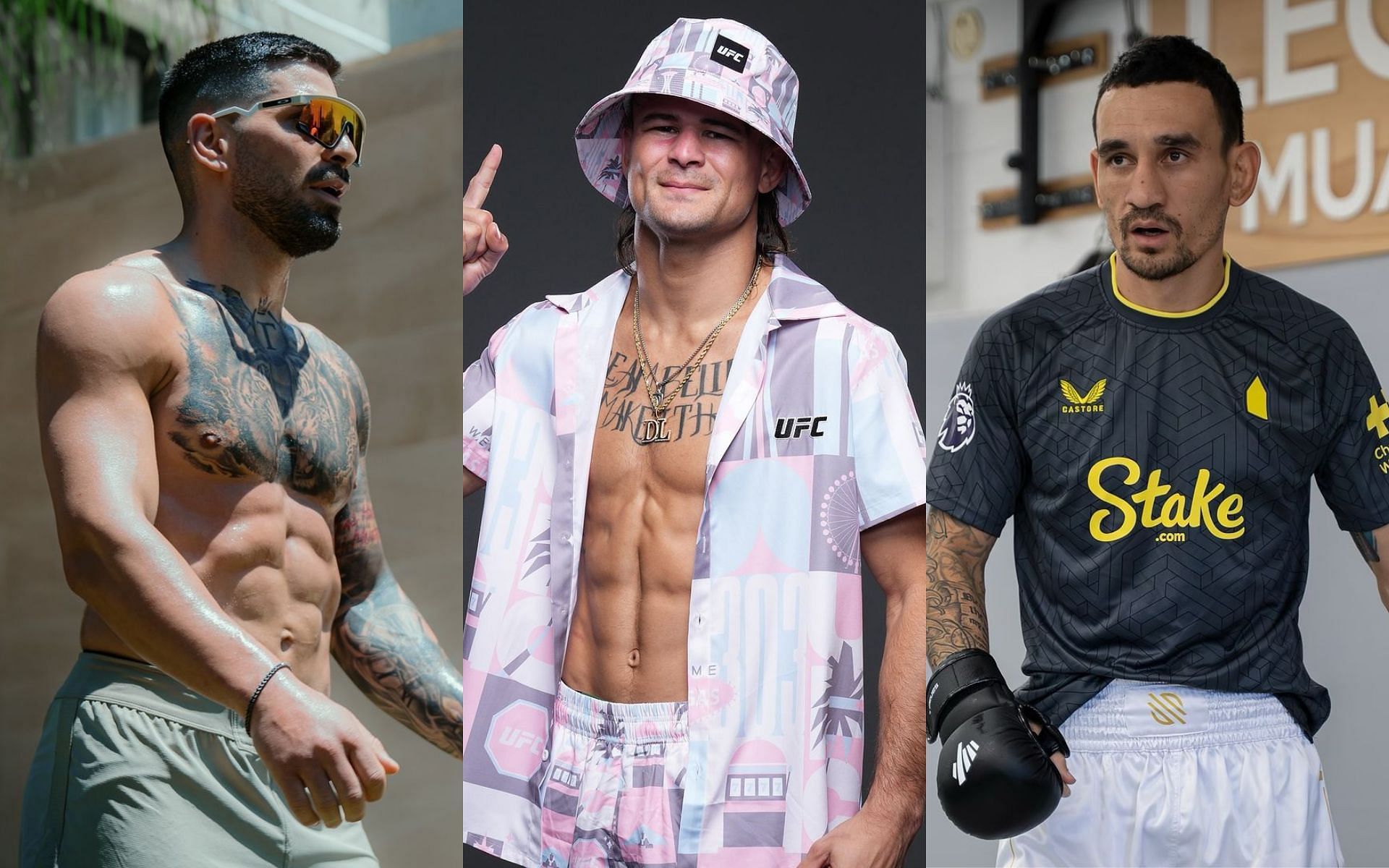 Diego Lopes (middle) to serve as the official back up for Ilia Topuria (left) vs. Max Holloway (right). [Image courtesy: @diegolopesmma @iliatopuria and @blessedmma on Instagram]