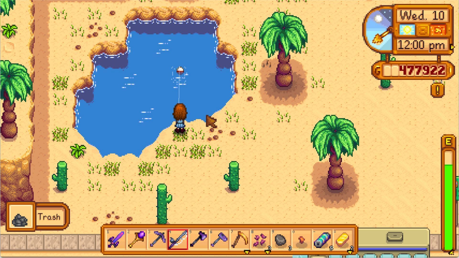 You can fish in the pond near the Bus Stop at Calico Desert (Image via ConcernedApe)