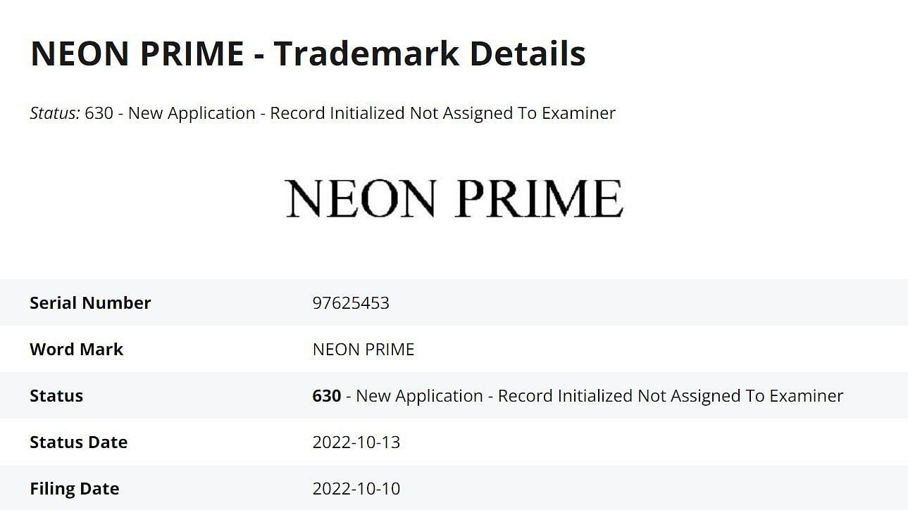 Neon Prime trademark details are public (Image via JUSTIA)