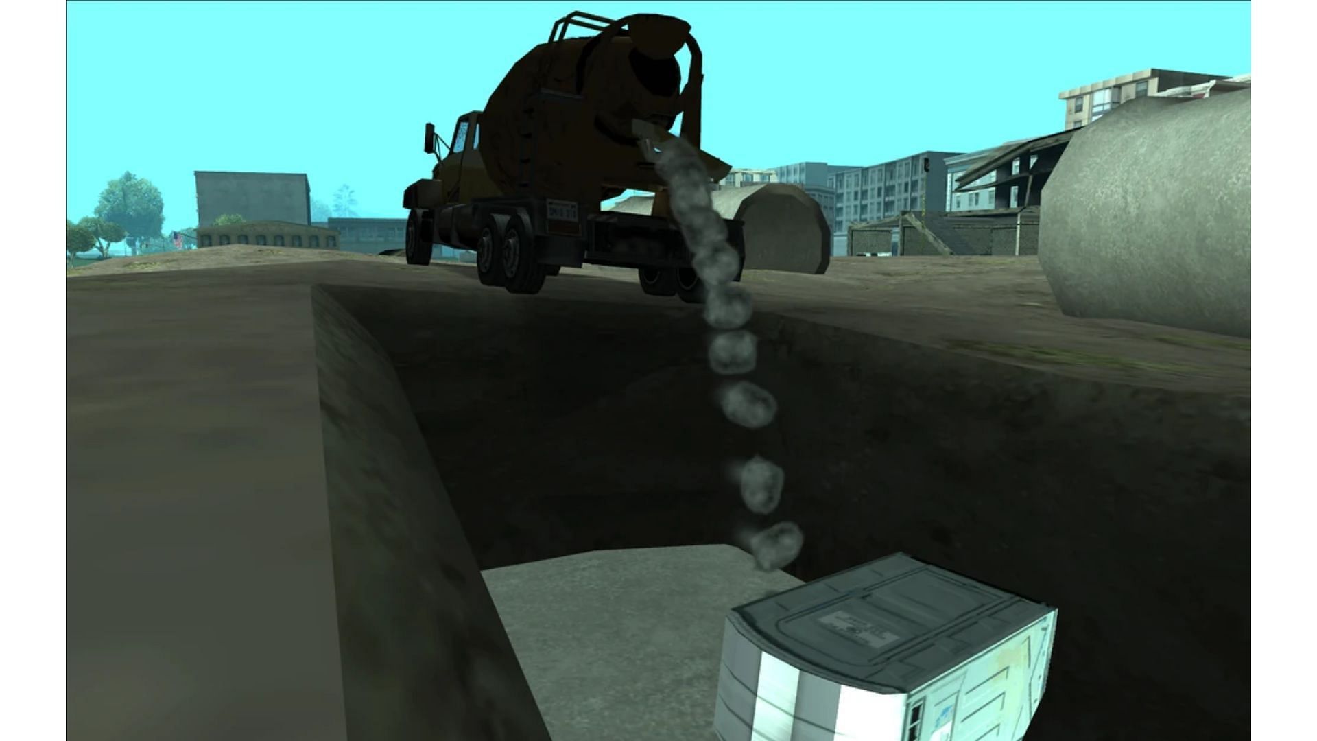 Carl &ldquo;CJ&rdquo; Johnson cementing a person alive inside a portable toilet in Grand Theft Auto San Andreas. (Image via Rockstar Games)