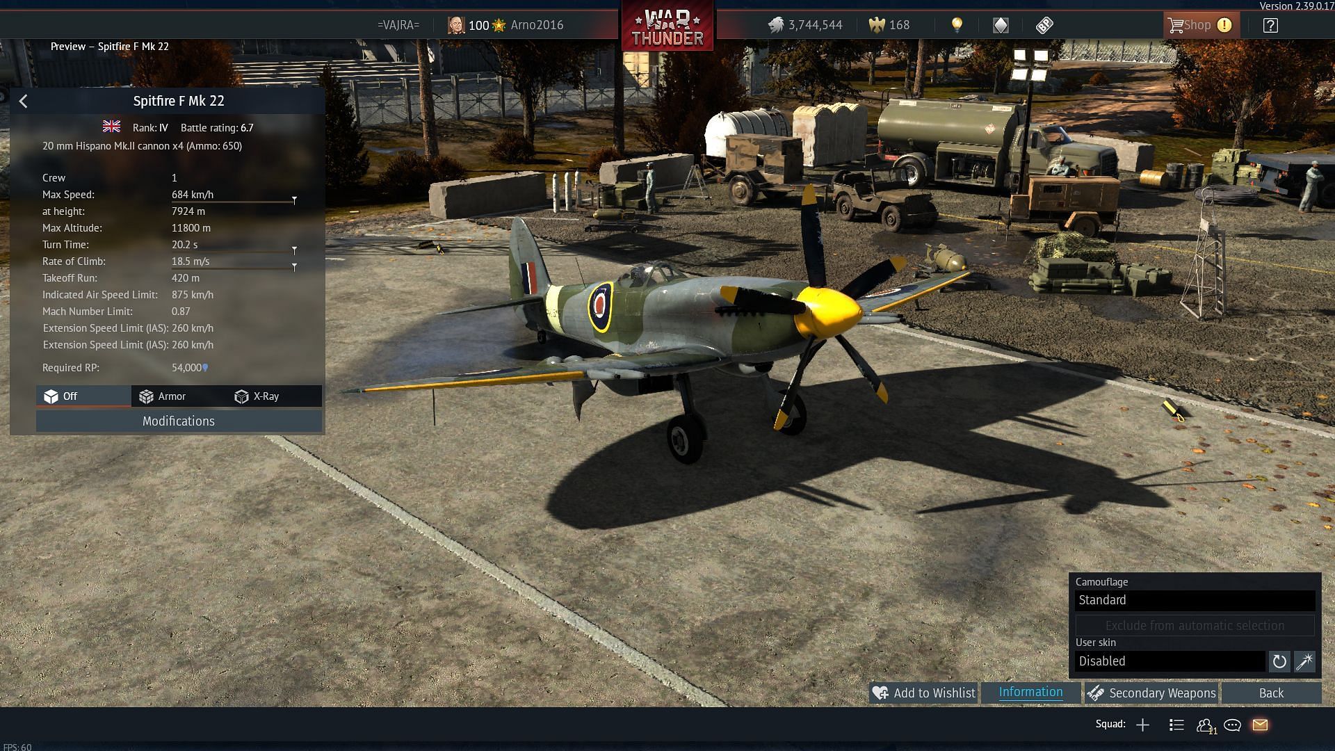 The Spitfire F Mk 22 in War Thunder (Image via Gaijin Entertainment)