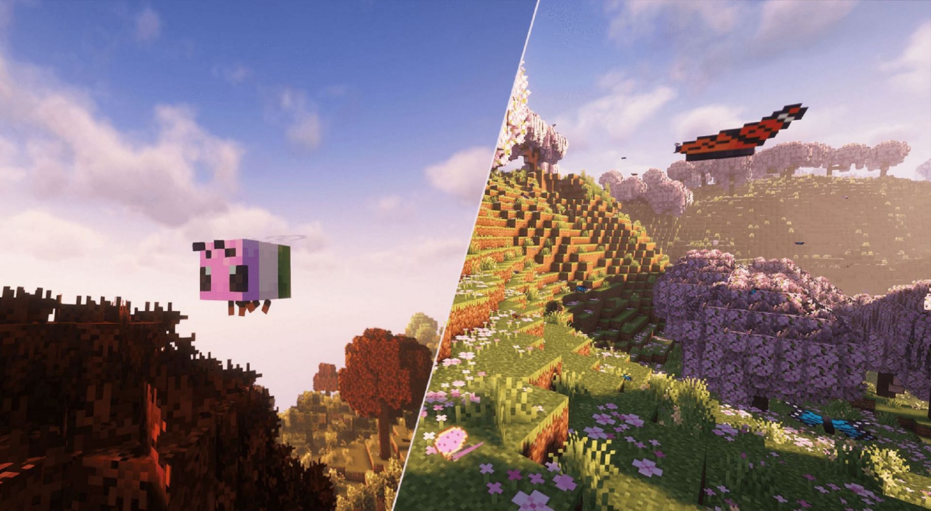 Bees and butterflies as seen in the Cute Craft modpack (Image via Bunee_z/CurseForge)