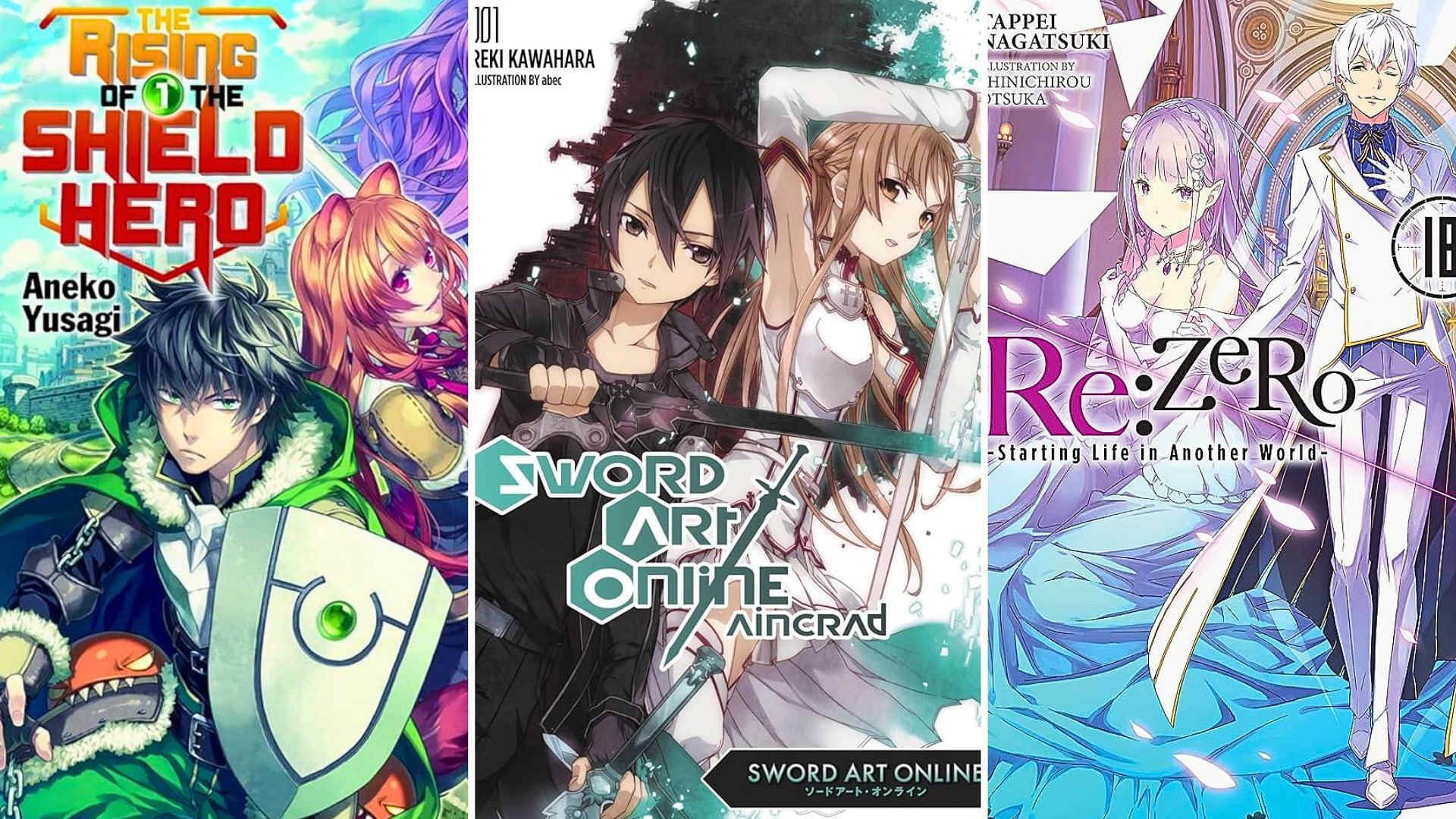 Covers of The Rising of the Shield Hero by Aneko Yusagi, Sword Art Online by Reki Kawahara, and Re:Zero &minus; Starting Life in Another World by Tappei Nagatsuki 