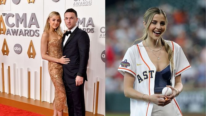 Photo: Alex Bregman's wife Reagan poses in sleeveless white tank top over bright blue shorts and white sneakers after post-travel workout