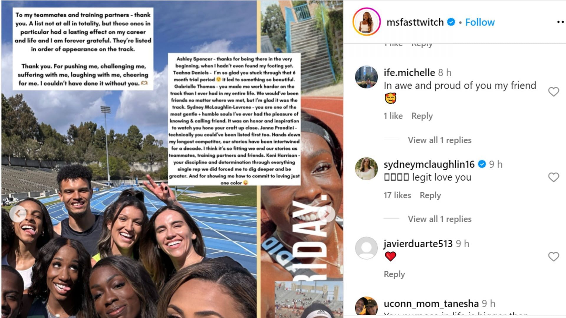 Sydney McLaughlin-Levrone&#039;s comment on Morolake Akinosun&#039;s post [Image Source: Instagram@msfasttwitch]