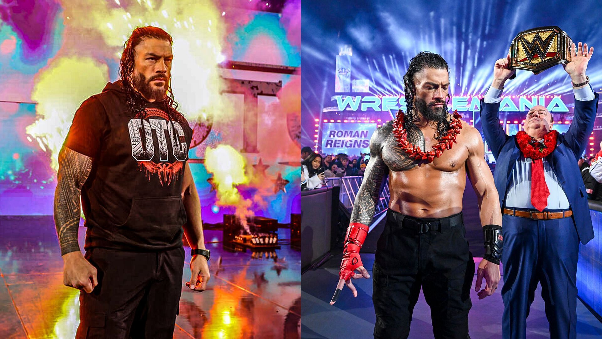 Roman Reigns at Aug 16th 24 SmackDown &amp; Roman Reigns at WM 40 (Image Credit- WWE.COM) 